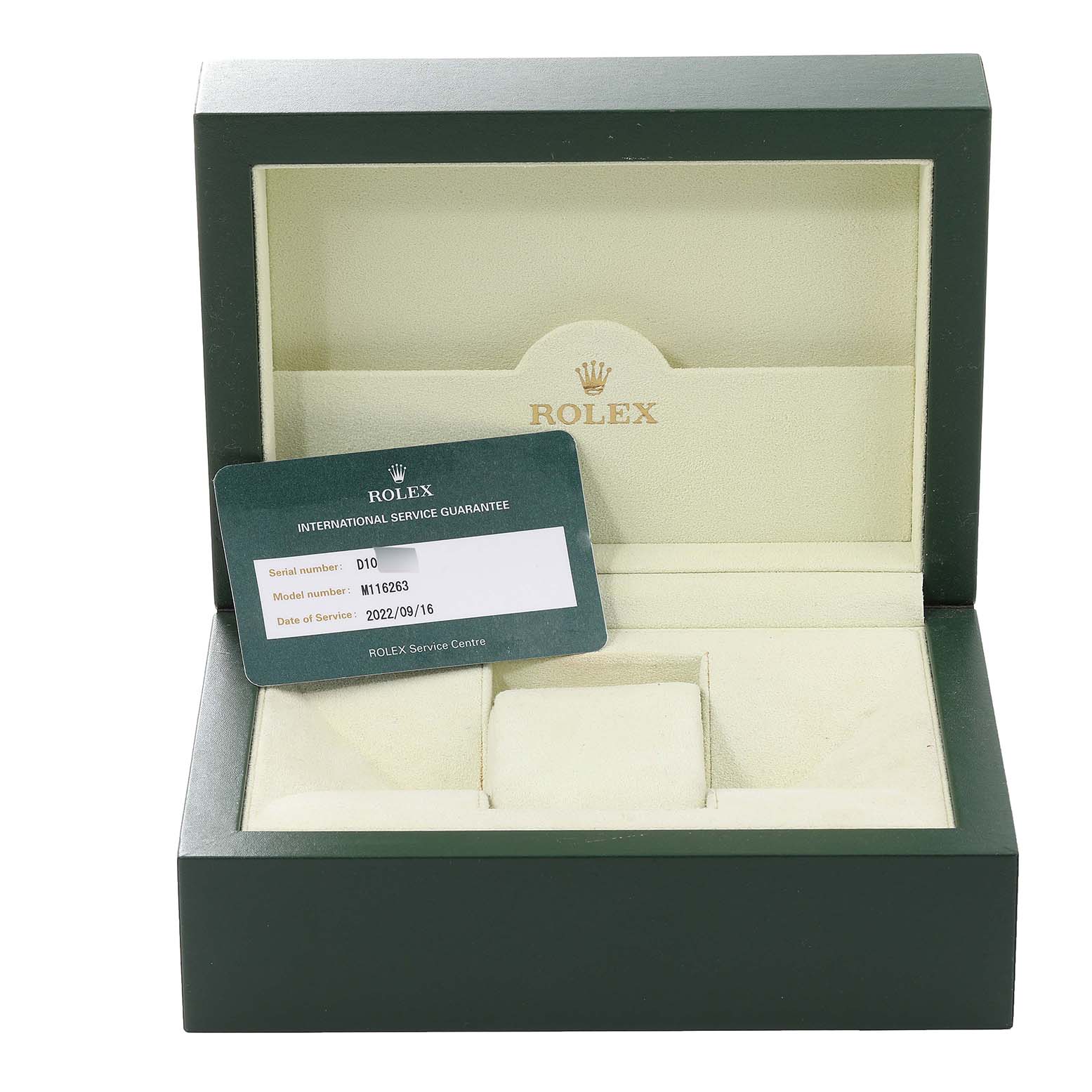 This image shows the open box and service guarantee card for a Rolex Turn-o-Graph 116263 Men's Steel and Gold (two tone) Grey Dial 116263 Men's Steel and Gold (two tone) Grey Dial model watch.