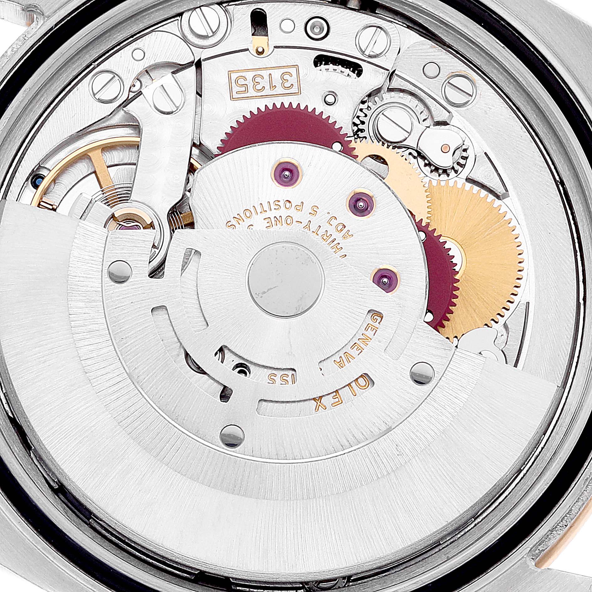 This image shows the intricate internal mechanism of a Rolex Turn-o-Graph 116263 Men's Steel and Gold (two tone) Grey Dial 116263 Men's Steel and Gold (two tone) Grey Dial model from a top-down angle.