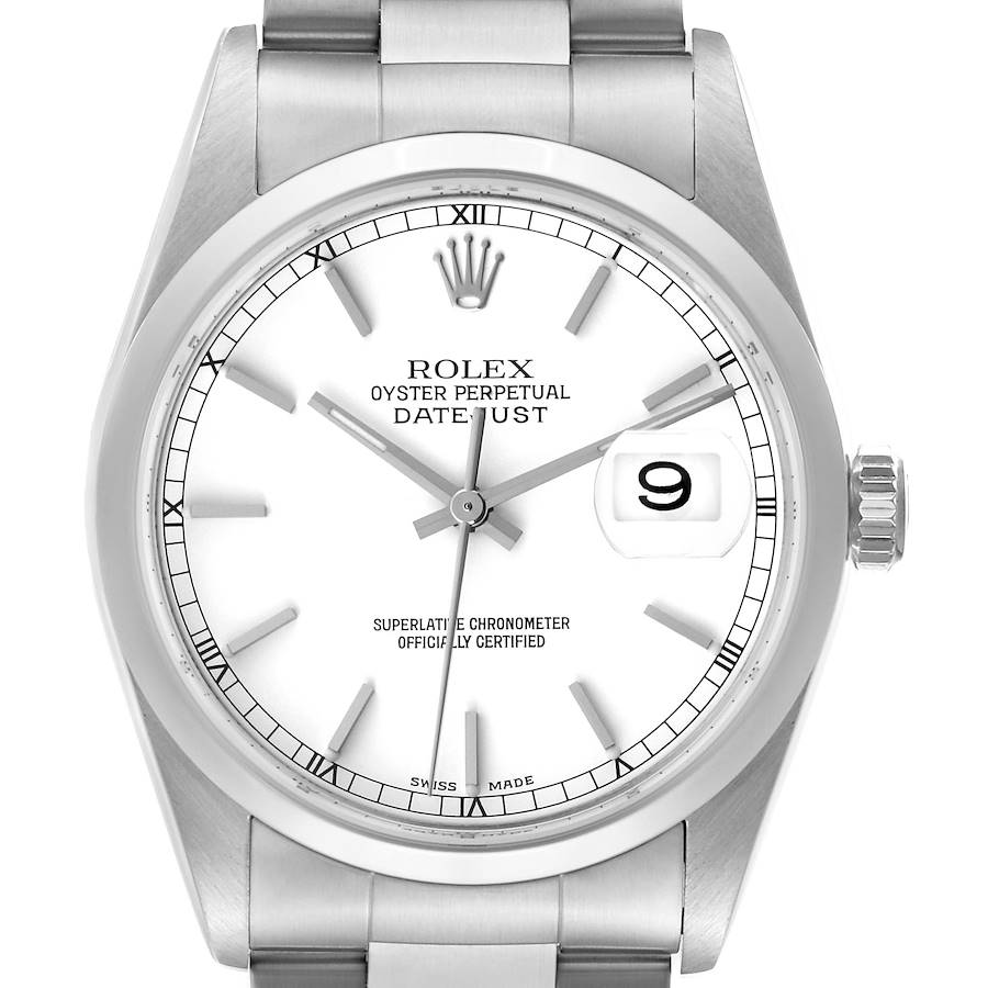 Rolex Datejust White Dial Smooth Bezel Steel Mens Watch 16200 Box Papers SwissWatchExpo