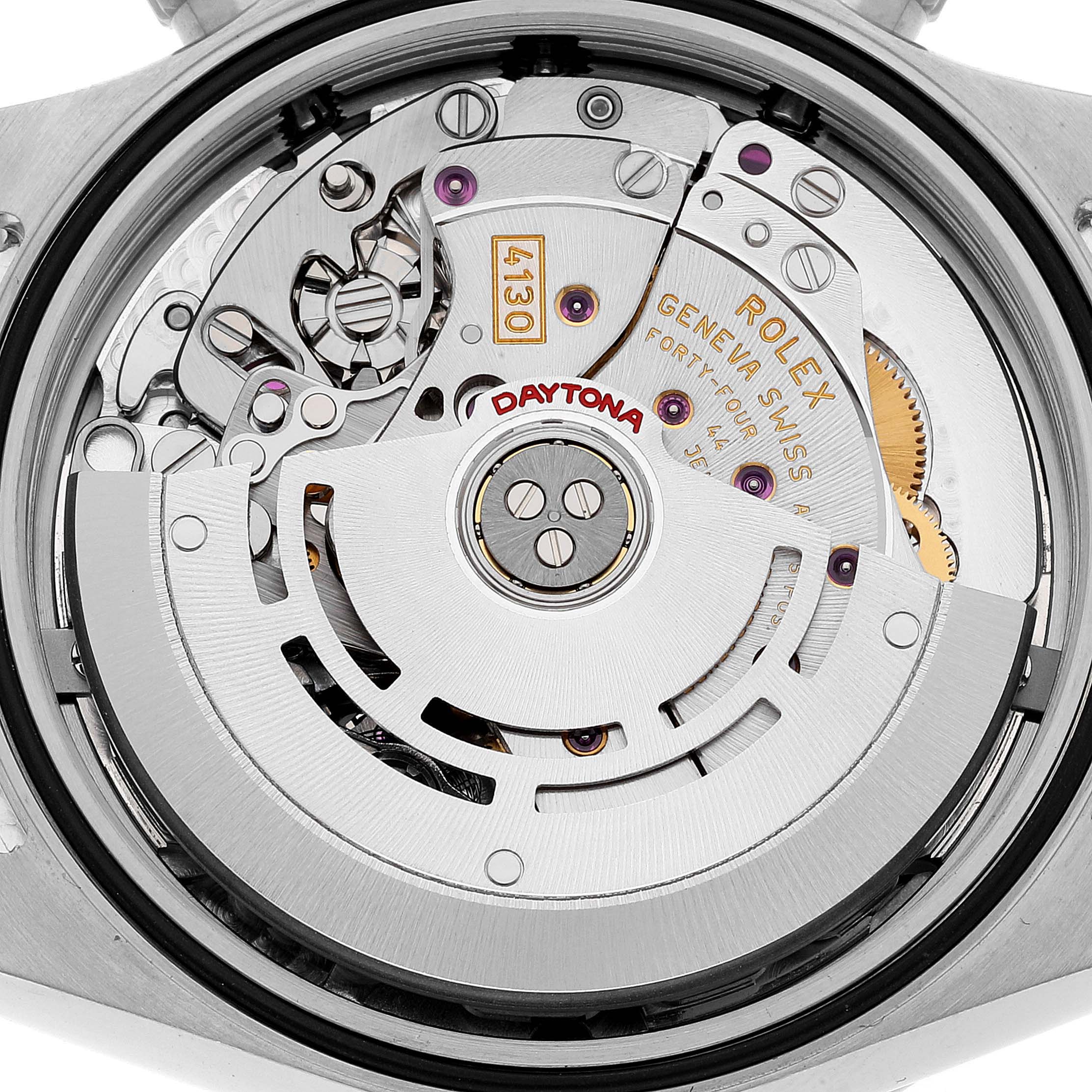 This image shows a close-up view of the movement mechanism of a Rolex Daytona 116520 Men's Stainless Steel Black Dial 116520 Men's Stainless Steel Black Dial watch.