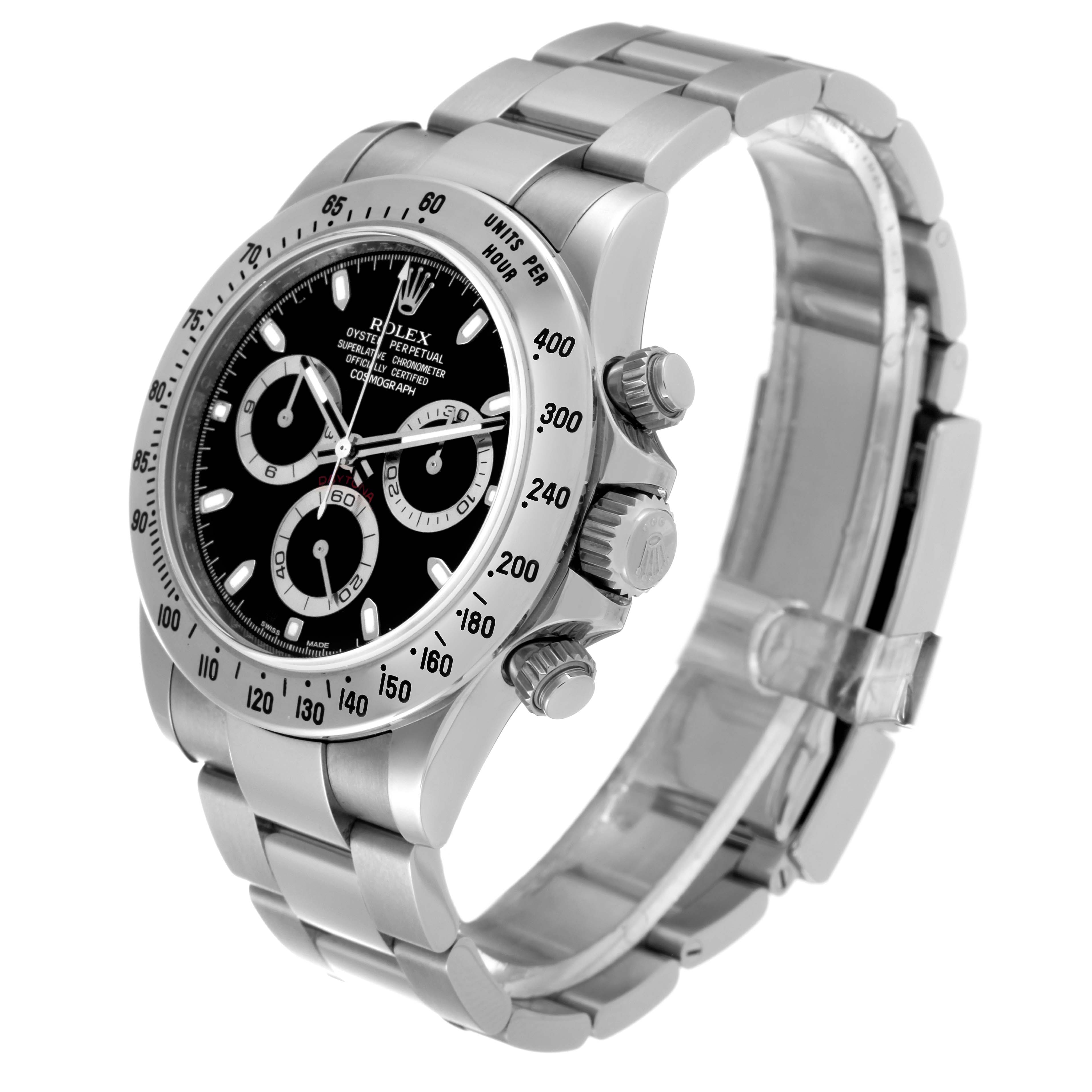 The image shows a side view and partial frontal view of the Rolex Daytona 116520 Men's Stainless Steel Black Dial 116520 Men's Stainless Steel Black Dial watch, highlighting the bezel, dial, pushers, and bracelet.