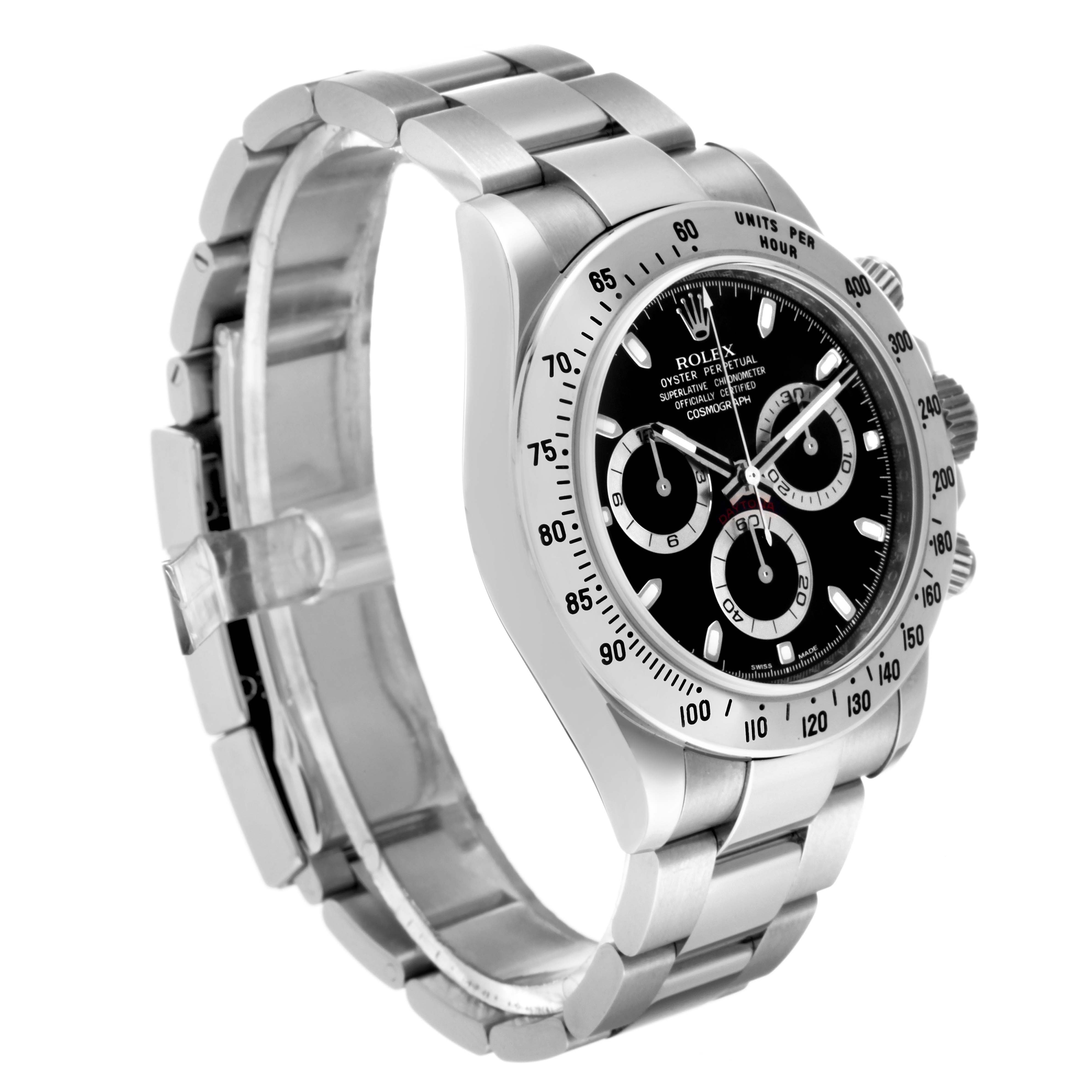 The image displays a Rolex Daytona 116520 Men's Stainless Steel Black Dial 116520 Men's Stainless Steel Black Dial watch from a side angle, showing the dial, bezel, and bracelet clearly.