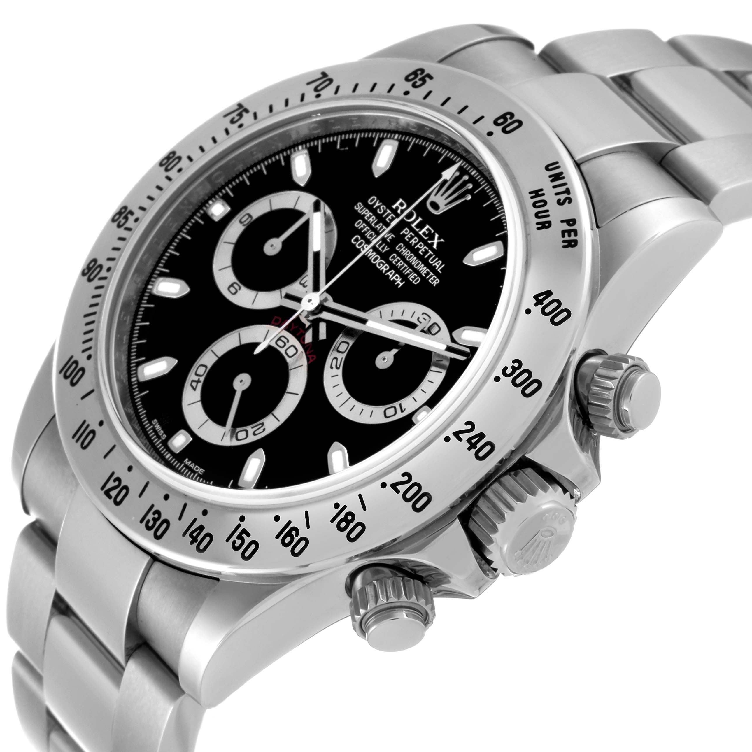 The image shows a close-up, angled view of the Rolex Daytona 116520 Men's Stainless Steel Black Dial 116520 Men's Stainless Steel Black Dial watch displaying its dial, bezel, and pushers.