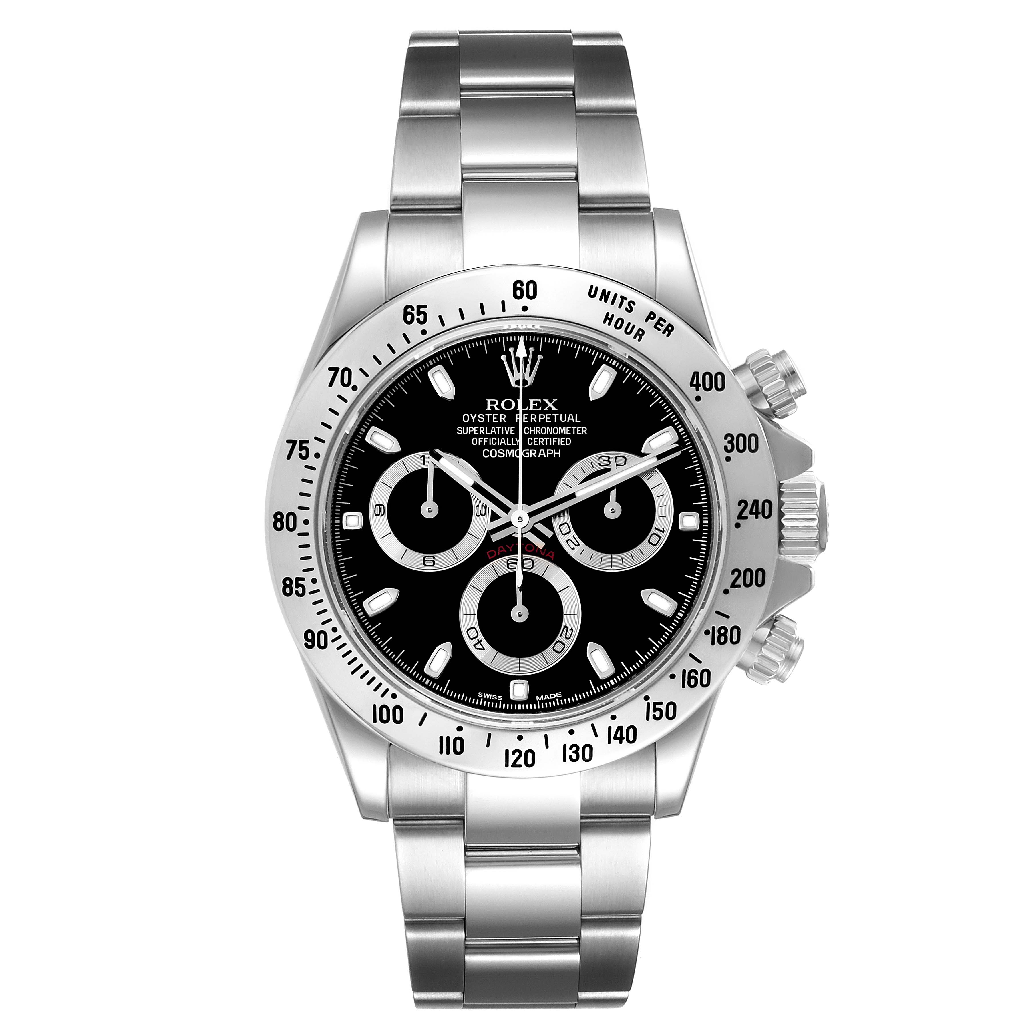 The image shows a front view of a Rolex Daytona 116520 Men's Stainless Steel Black Dial 116520 Men's Stainless Steel Black Dial watch, highlighting its face, bezel, and bracelet.