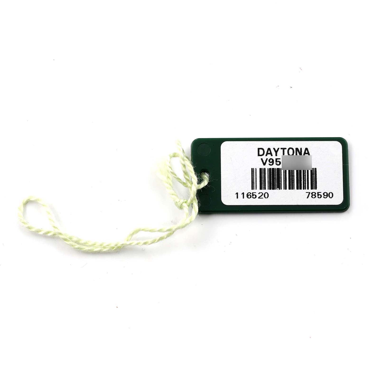 The image shows a green Rolex Daytona 116520 Men's Stainless Steel Black Dial 116520 Men's Stainless Steel Black Dial model tag with a white string attached.