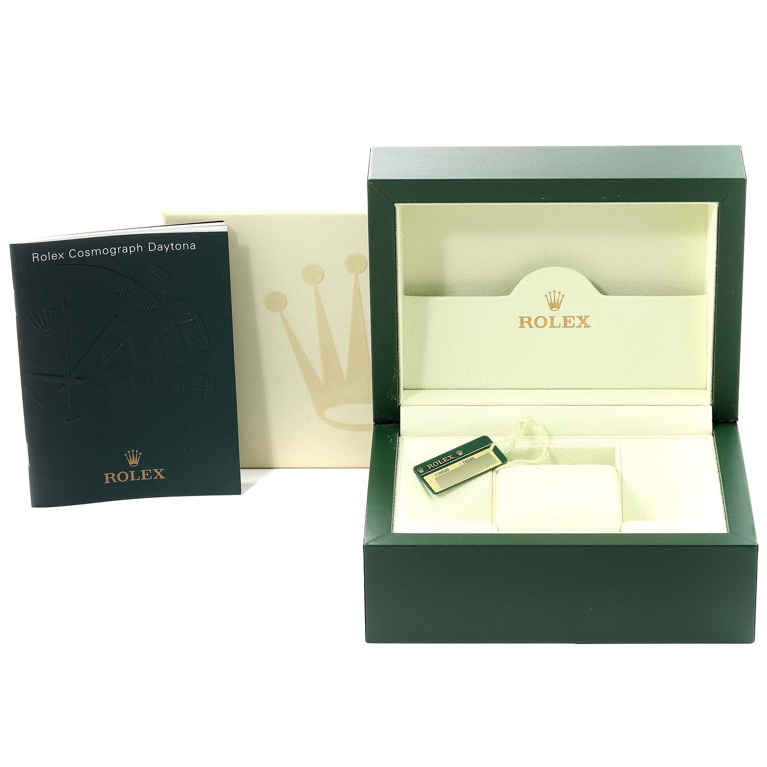 The image shows the Rolex Daytona 116520 Men's Stainless Steel Black Dial 116520 Men's Stainless Steel Black Dial watch box, a green booklet, and a tag in an upright view.