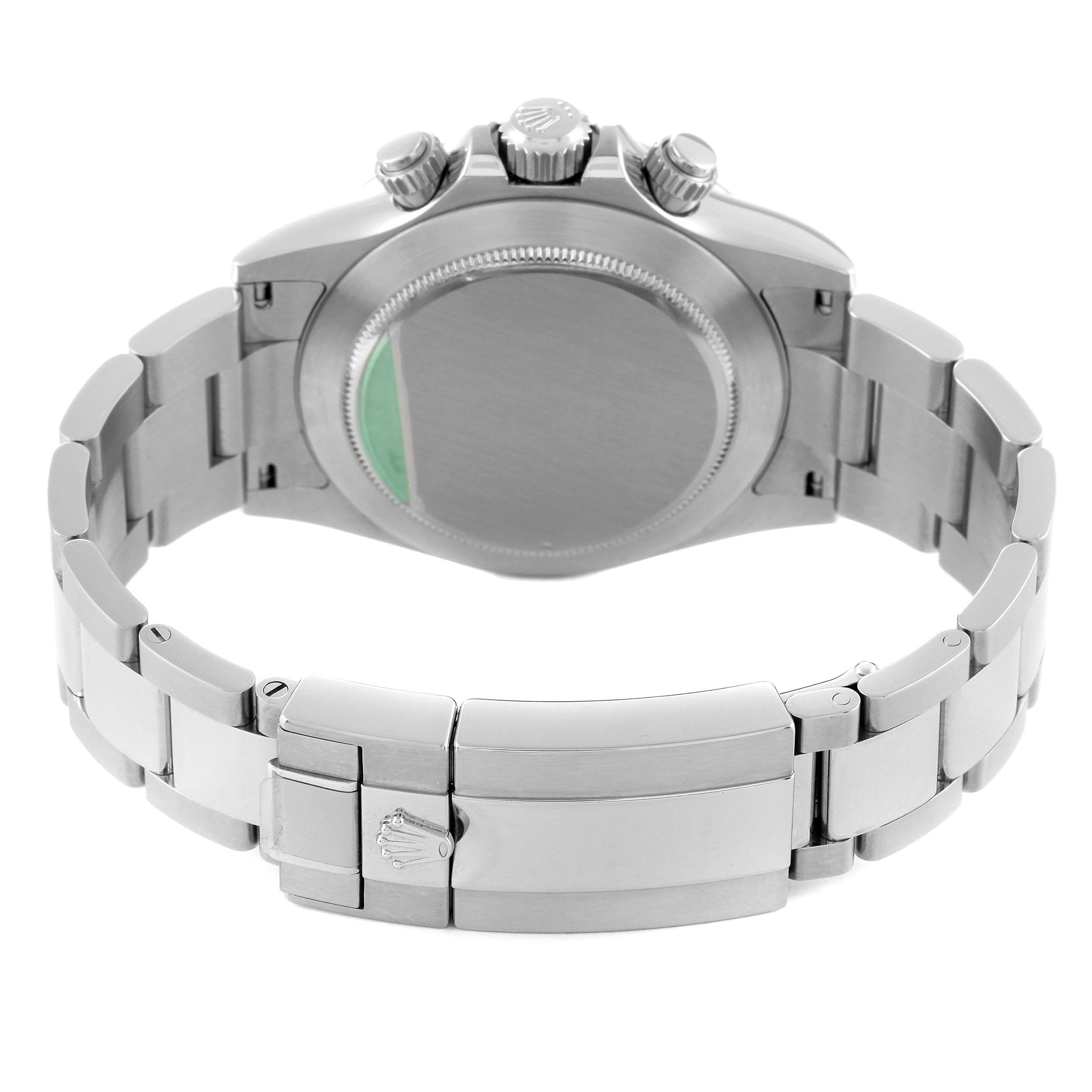 This image shows the back view of a Rolex Daytona 116520 Men's Stainless Steel Black Dial 116520 Men's Stainless Steel Black Dial watch, focusing on the case back, crown, and stainless steel bracelet with the clasp.