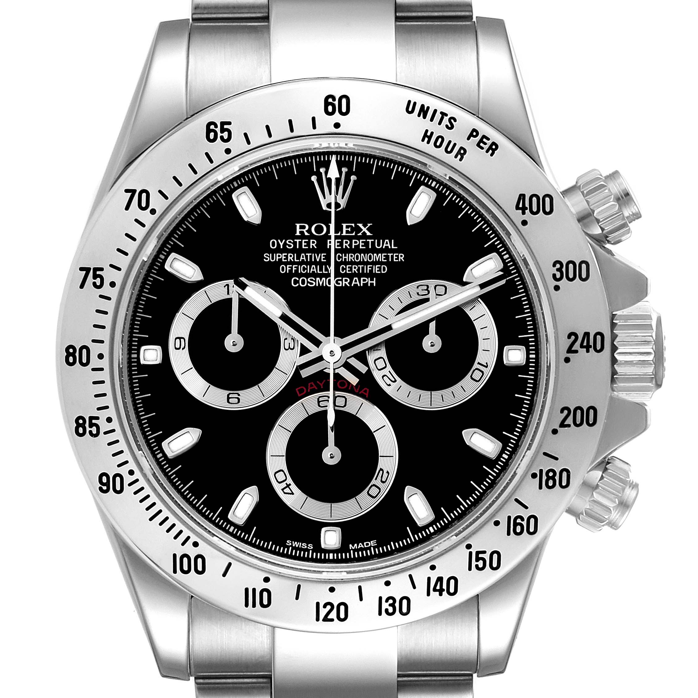 The image shows a close-up of the Rolex Daytona 116520 Men's Stainless Steel Black Dial 116520 Men's Stainless Steel Black Dial watch face, including the bezel, chronograph subdials, and crown.