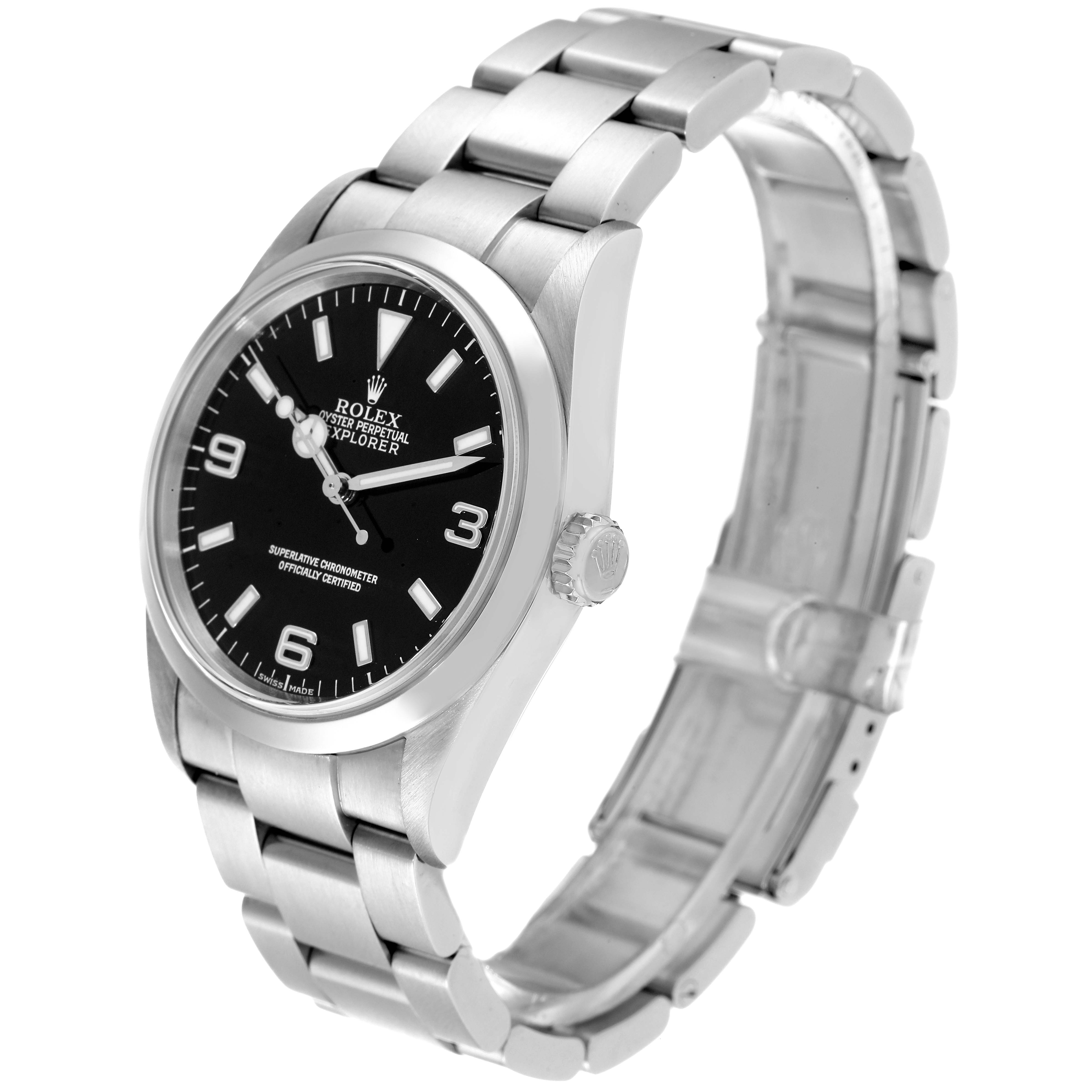 The image shows a side-angle view of a Rolex Explorer 114270 Men's Stainless Steel Black Dial 114270 Men's Stainless Steel Black Dial watch, displaying the face, bracelet, and crown.
