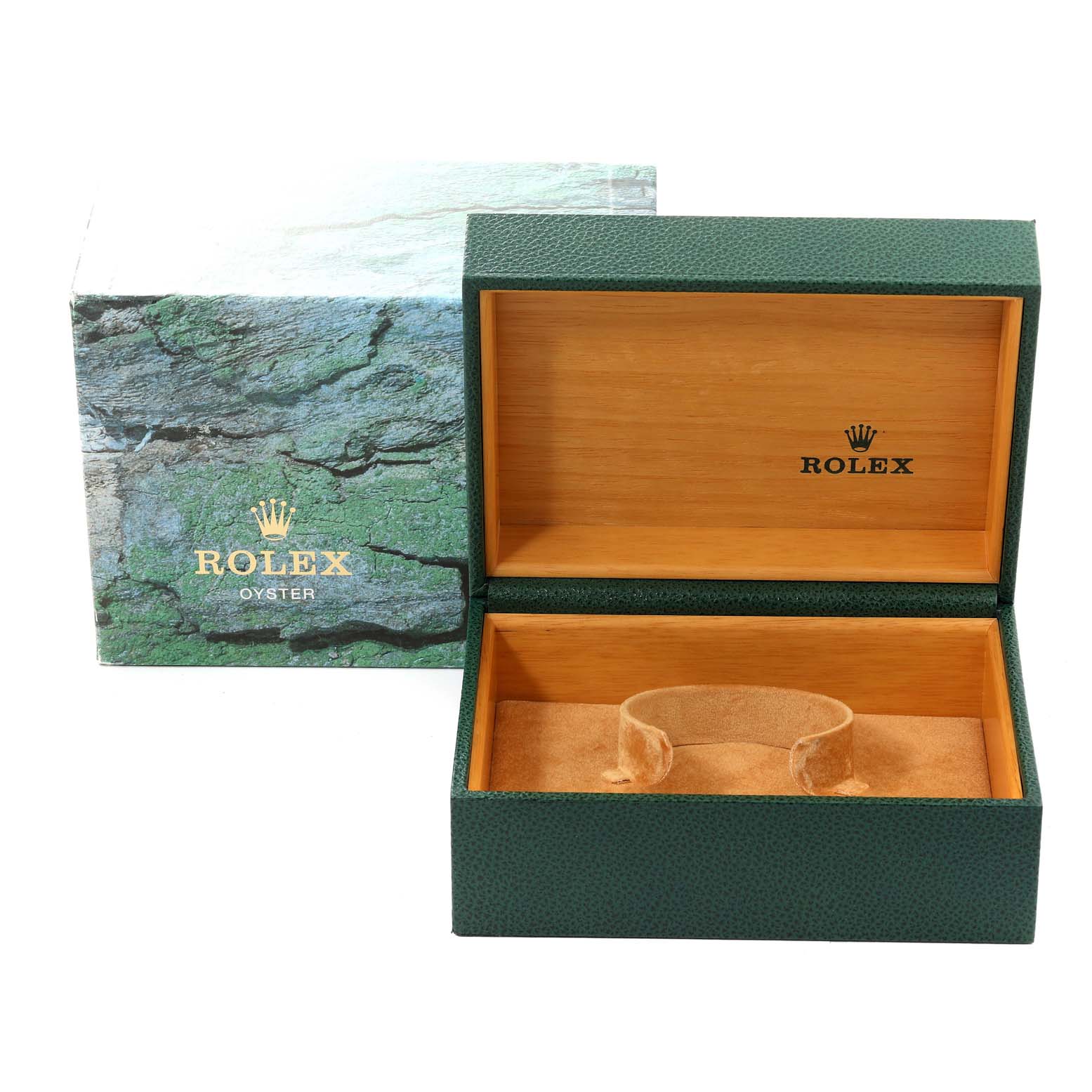 The image shows an open Rolex Explorer 114270 Men's Stainless Steel Black Dial 114270 Men's Stainless Steel Black Dial watch box and packaging from a front angle.