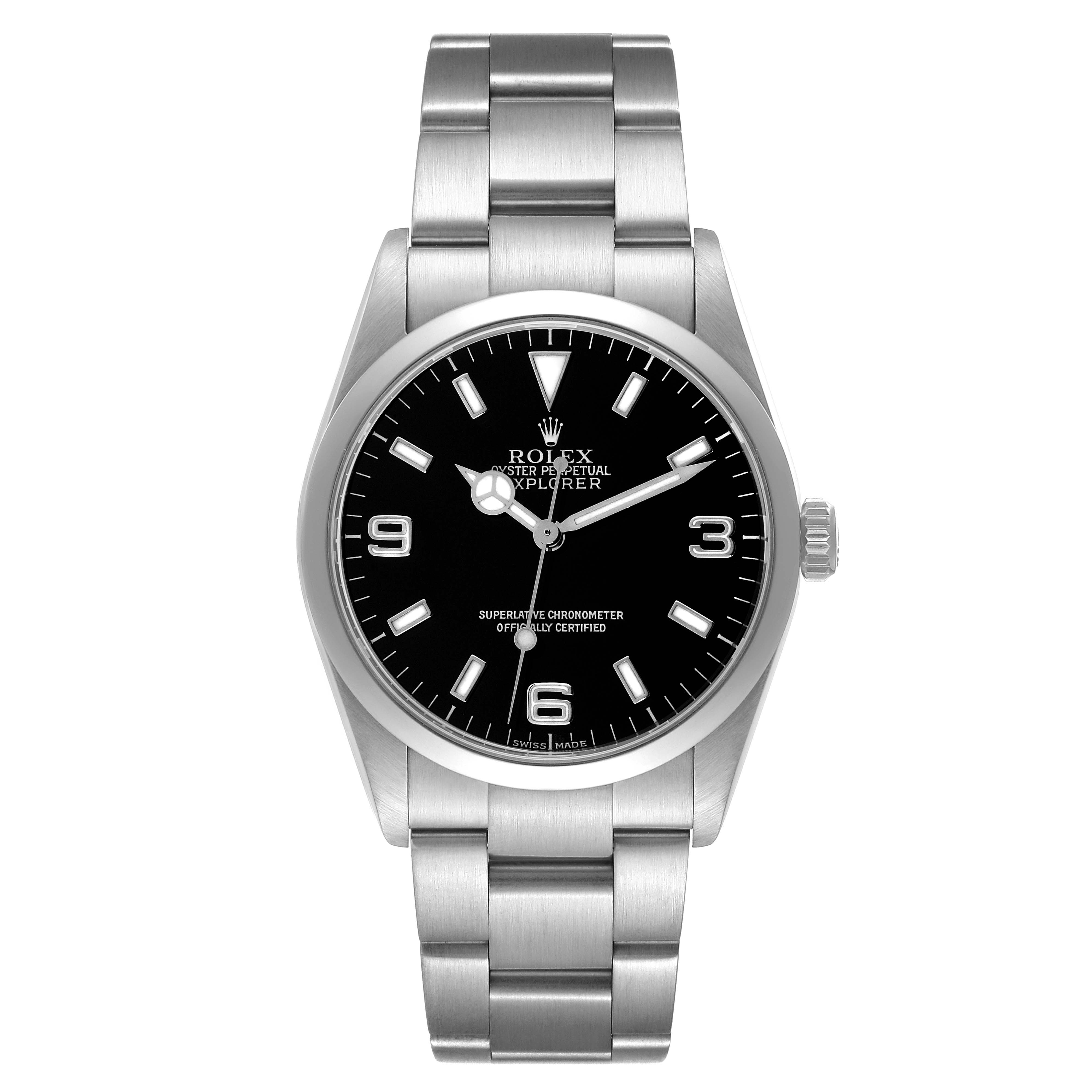This is a front view of the Rolex Explorer 114270 Men's Stainless Steel Black Dial 114270 Men's Stainless Steel Black Dial watch, showing the dial, hands, case, and bracelet.