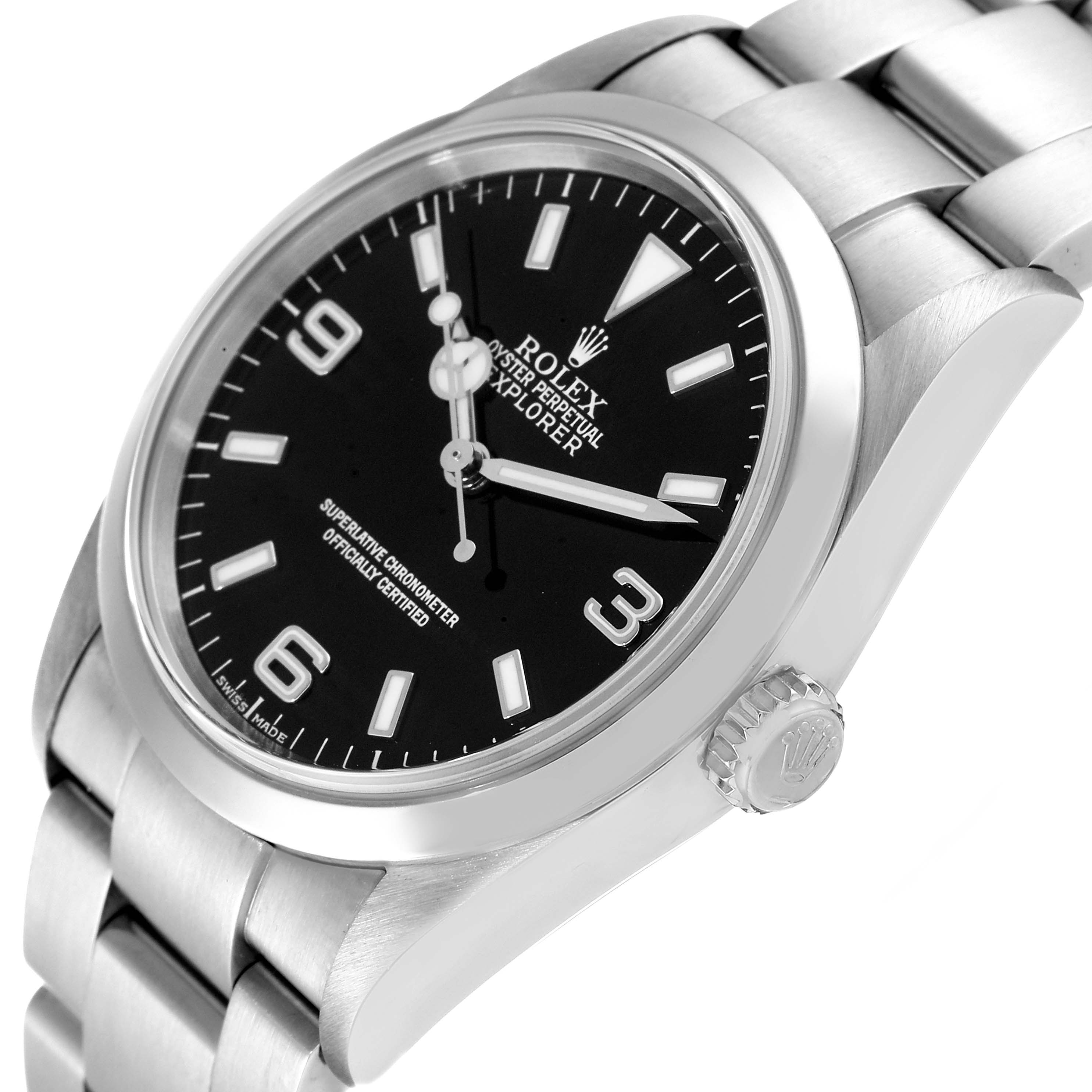 The Rolex Explorer 114270 Men's Stainless Steel Black Dial 114270 Men's Stainless Steel Black Dial watch is shown from an angled close-up, highlighting its face, bezel, crown, and part of the bracelet.