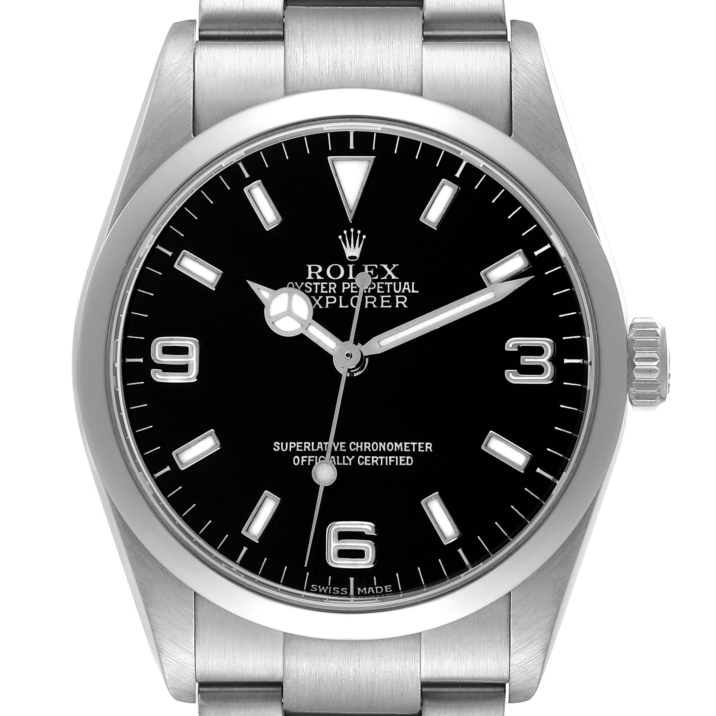 The Rolex Explorer 114270 Men's Stainless Steel Black Dial 114270 Men's Stainless Steel Black Dial watch is shown from a front angle, displaying its black dial, stainless steel case, and bracelet.