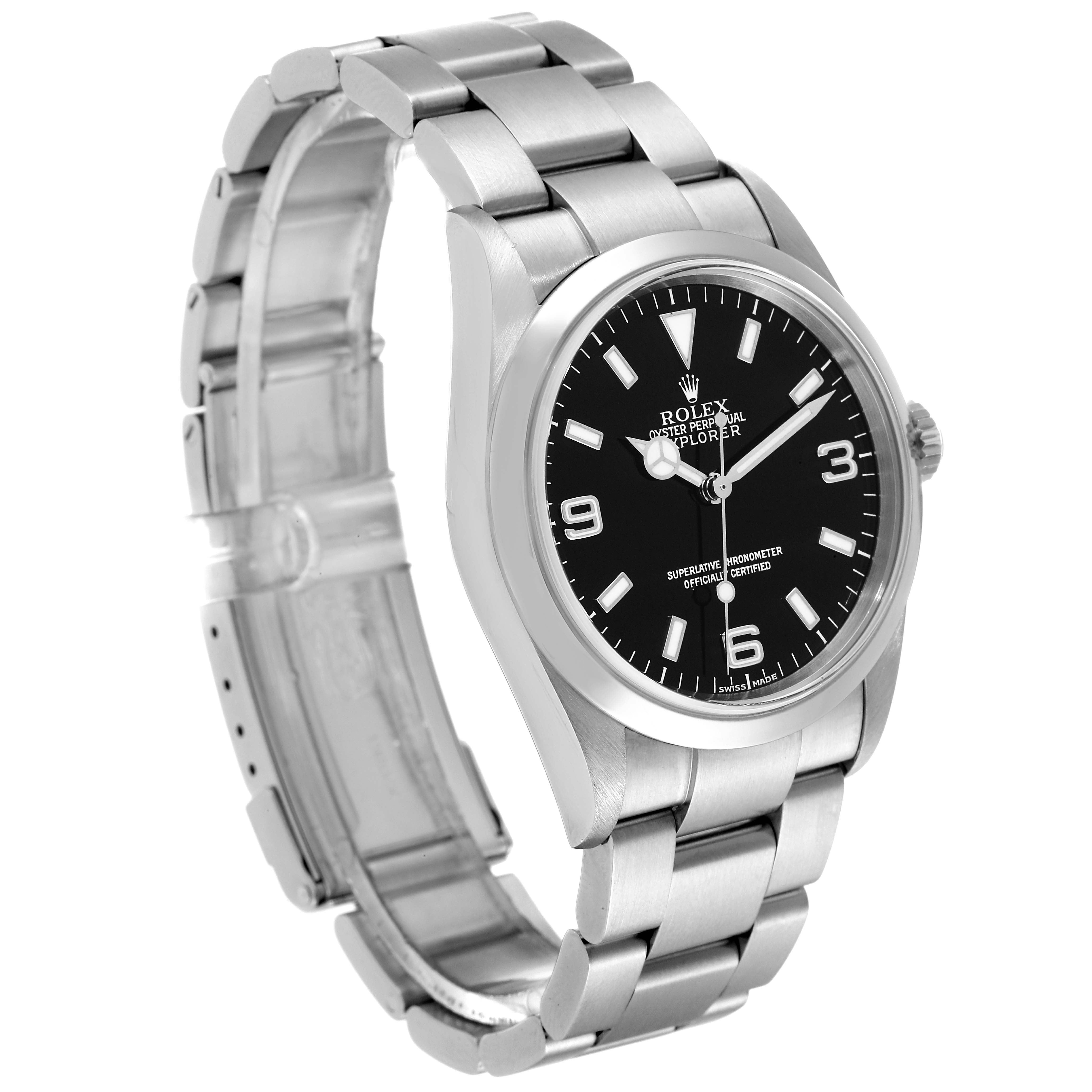 The image shows a Rolex Explorer 114270 Men's Stainless Steel Black Dial 114270 Men's Stainless Steel Black Dial model watch displayed from a three-quarter angle, highlighting the dial, bezel, and bracelet.