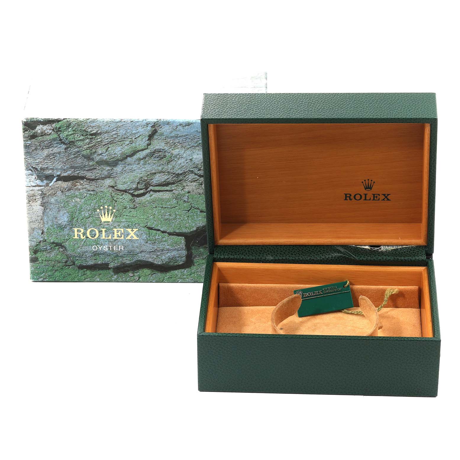 The image shows an open Rolex Explorer 16570 Men
s Stainless Steel White Dial 16570 Men
s Stainless Steel White Dial watch box, with the outer box featuring a rocky design and the inner box lined with wood.