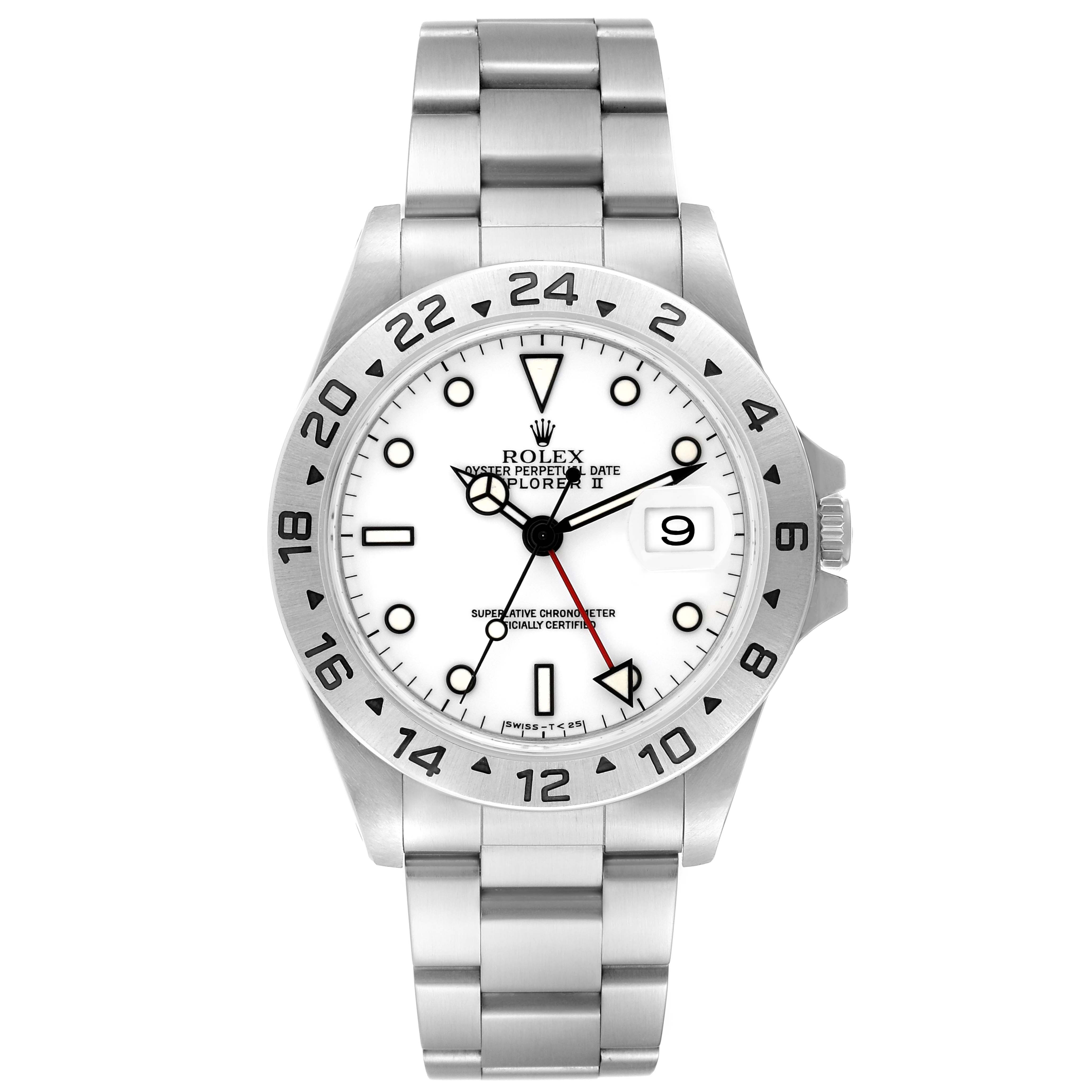 The Rolex Explorer 16570 Men
s Stainless Steel White Dial 16570 Men
s Stainless Steel White Dial watch is shown from a top-down angle, displaying its face, bezel, bracelet, and crown.