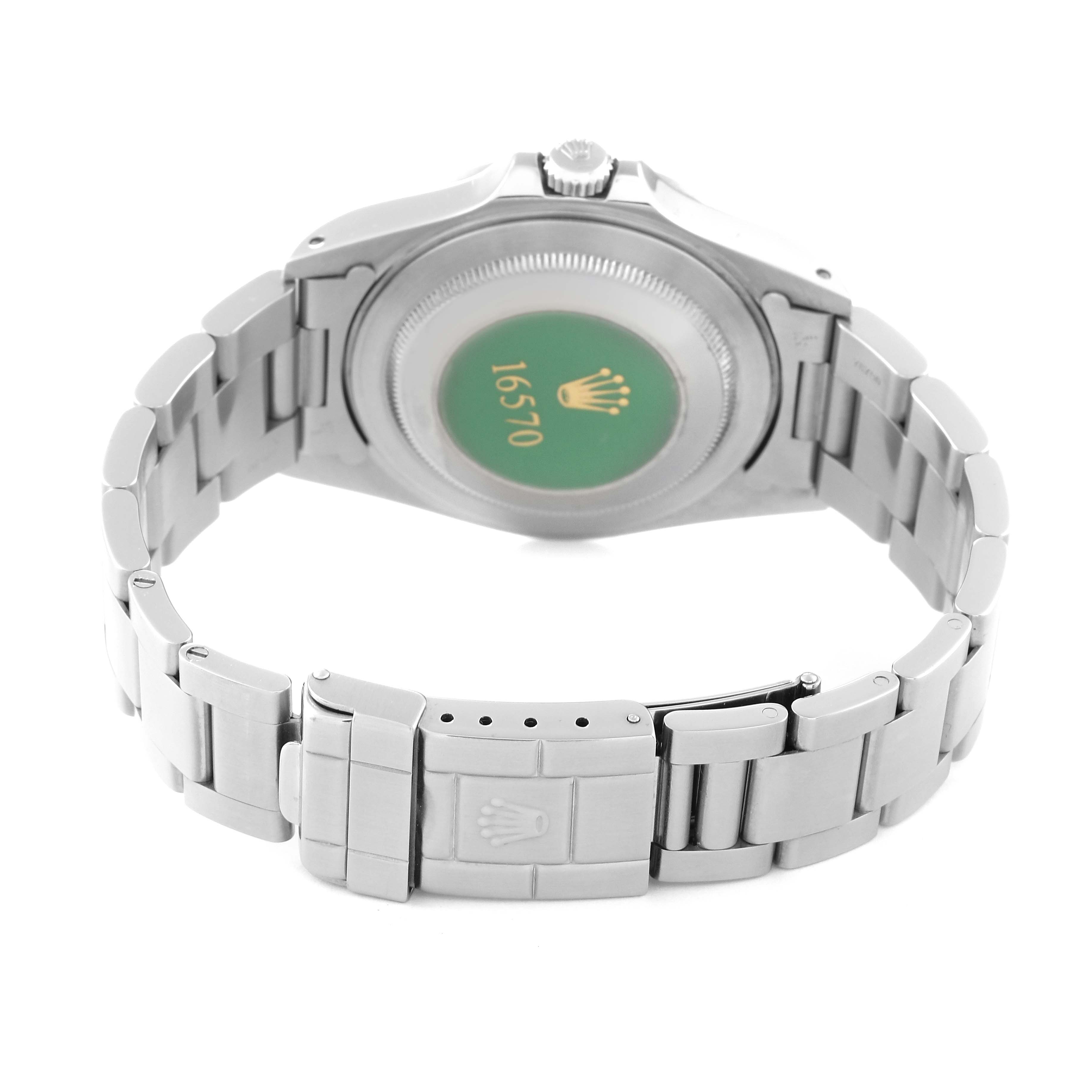 This image shows the back view and bracelet of a Rolex Explorer 16570 Men
s Stainless Steel White Dial 16570 Men
s Stainless Steel White Dial model watch.