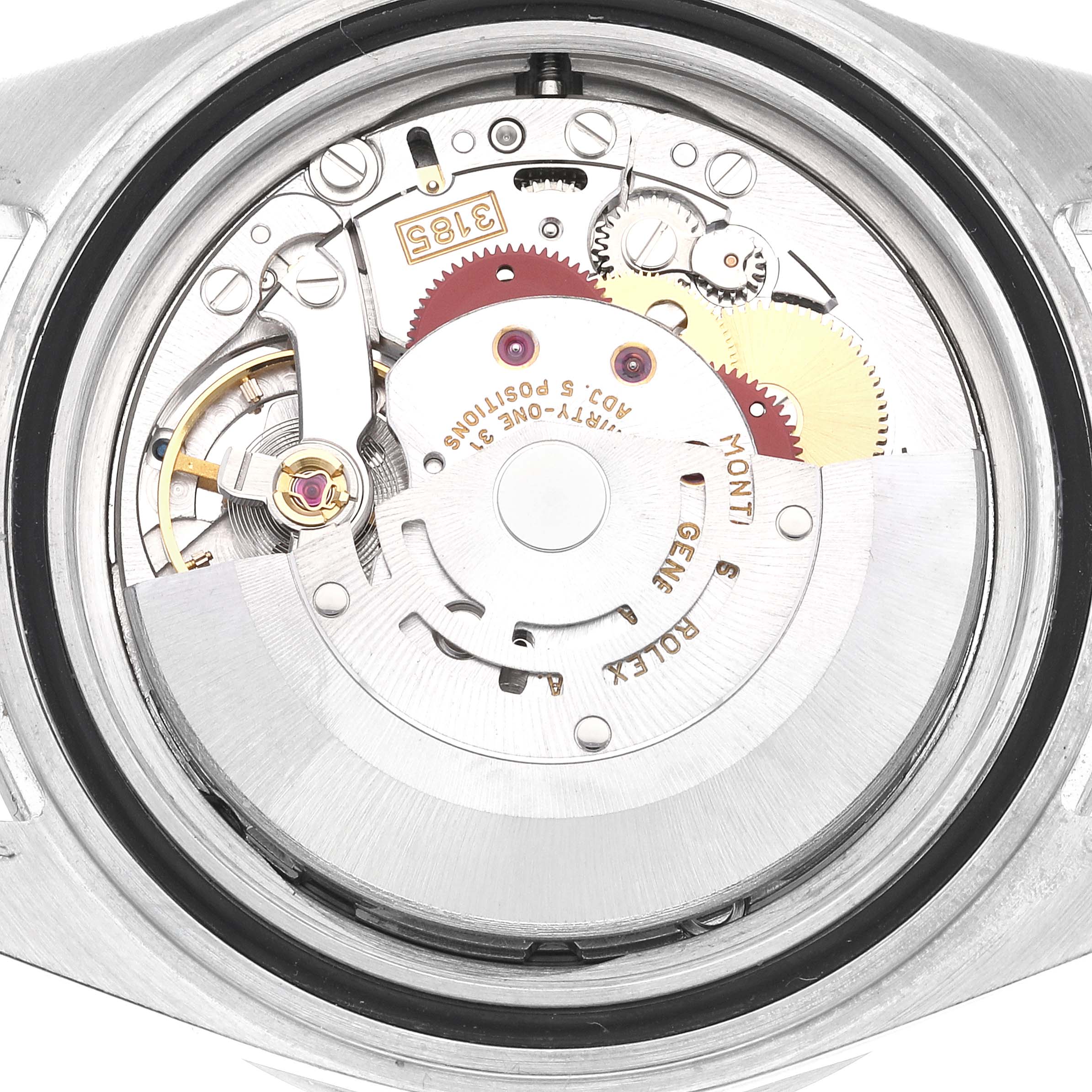 This image shows the internal mechanism and movement of a Rolex Explorer 16570 Men
s Stainless Steel White Dial 16570 Men
s Stainless Steel White Dial model watch from a back view angle.