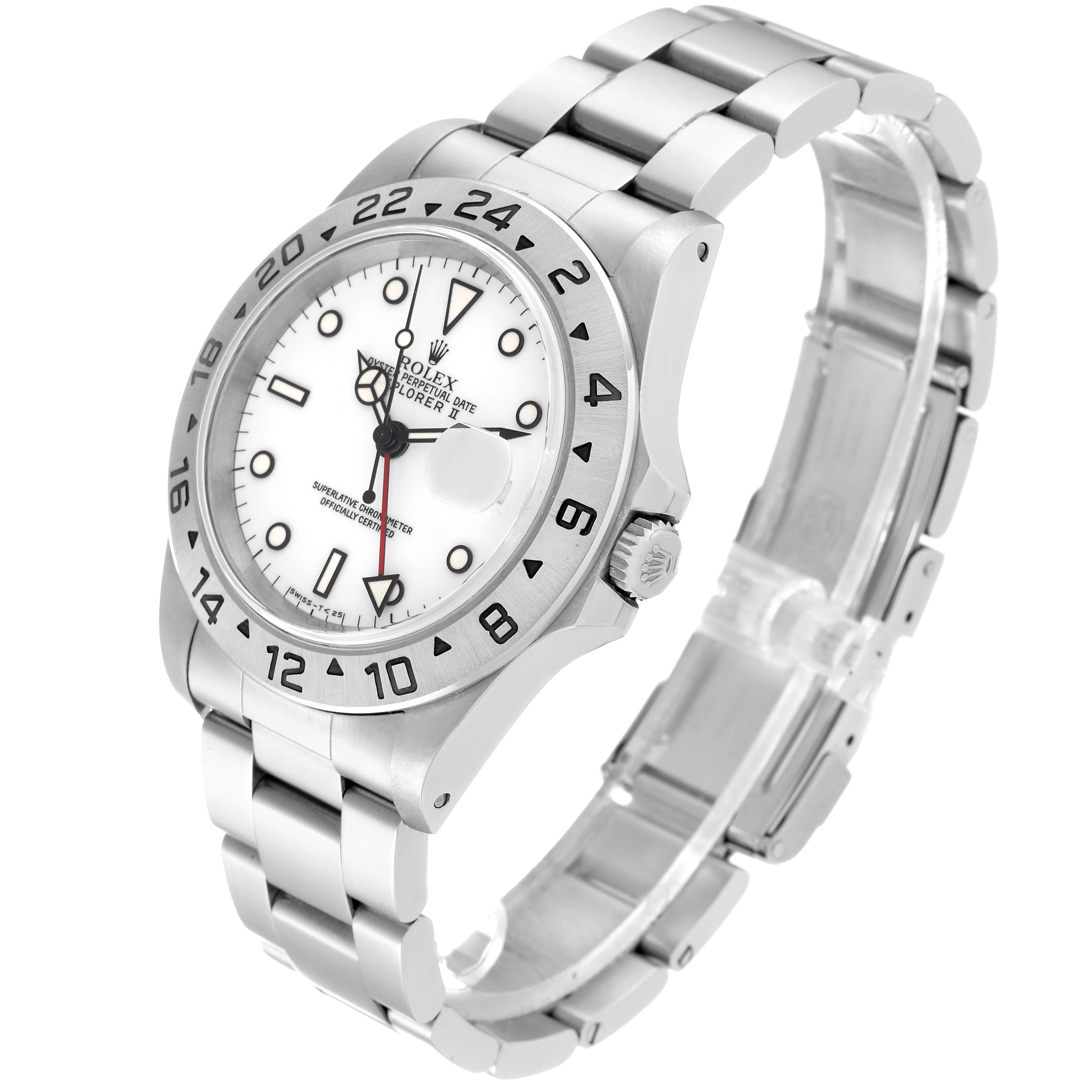 The Rolex Explorer 16570 Men
s Stainless Steel White Dial 16570 Men
s Stainless Steel White Dial watch is angled to show the face, bezel, crown, and metal bracelet.