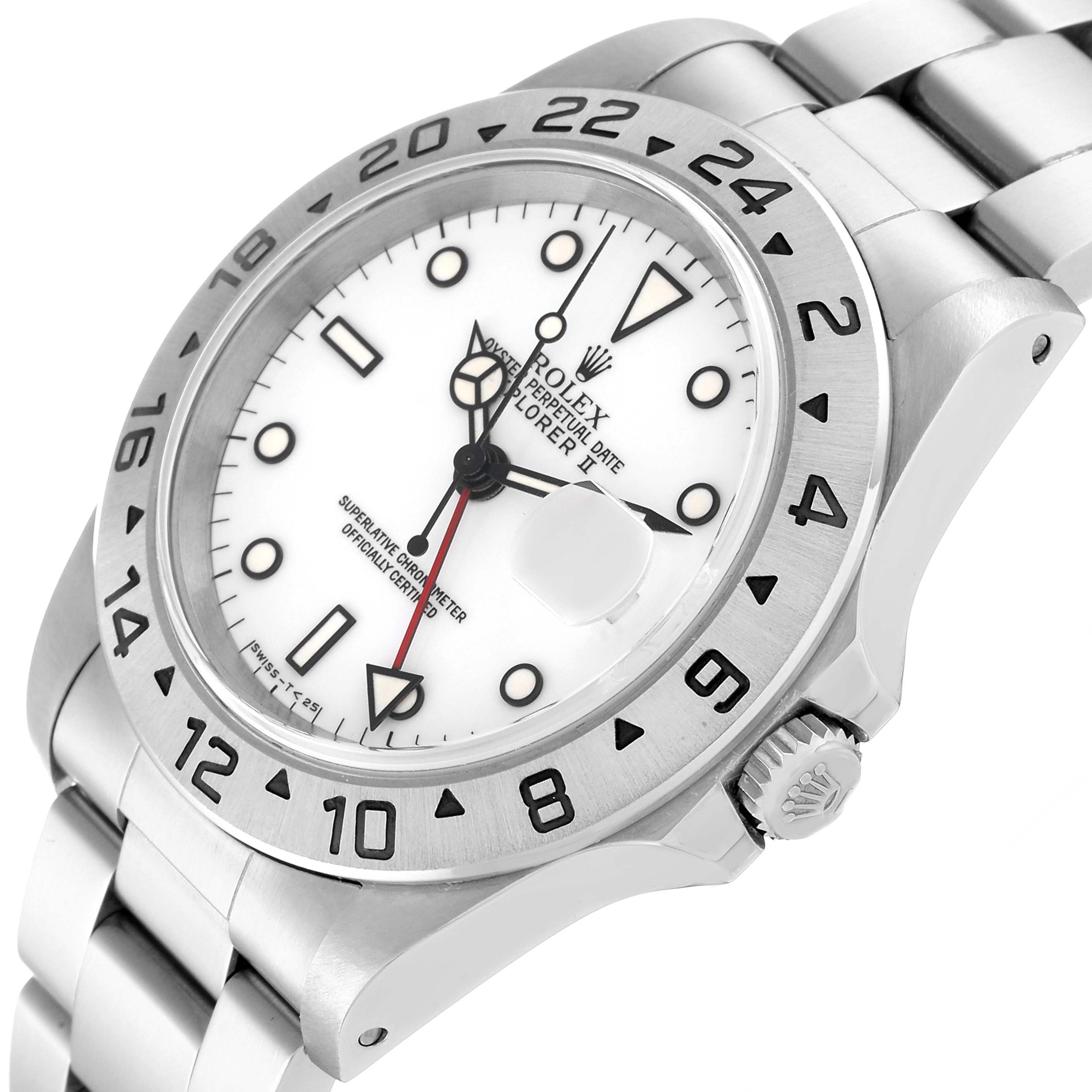 This image shows a close-up of a Rolex Explorer 16570 Men
s Stainless Steel White Dial 16570 Men
s Stainless Steel White Dial watch face, bezel, crown, and part of the bracelet.