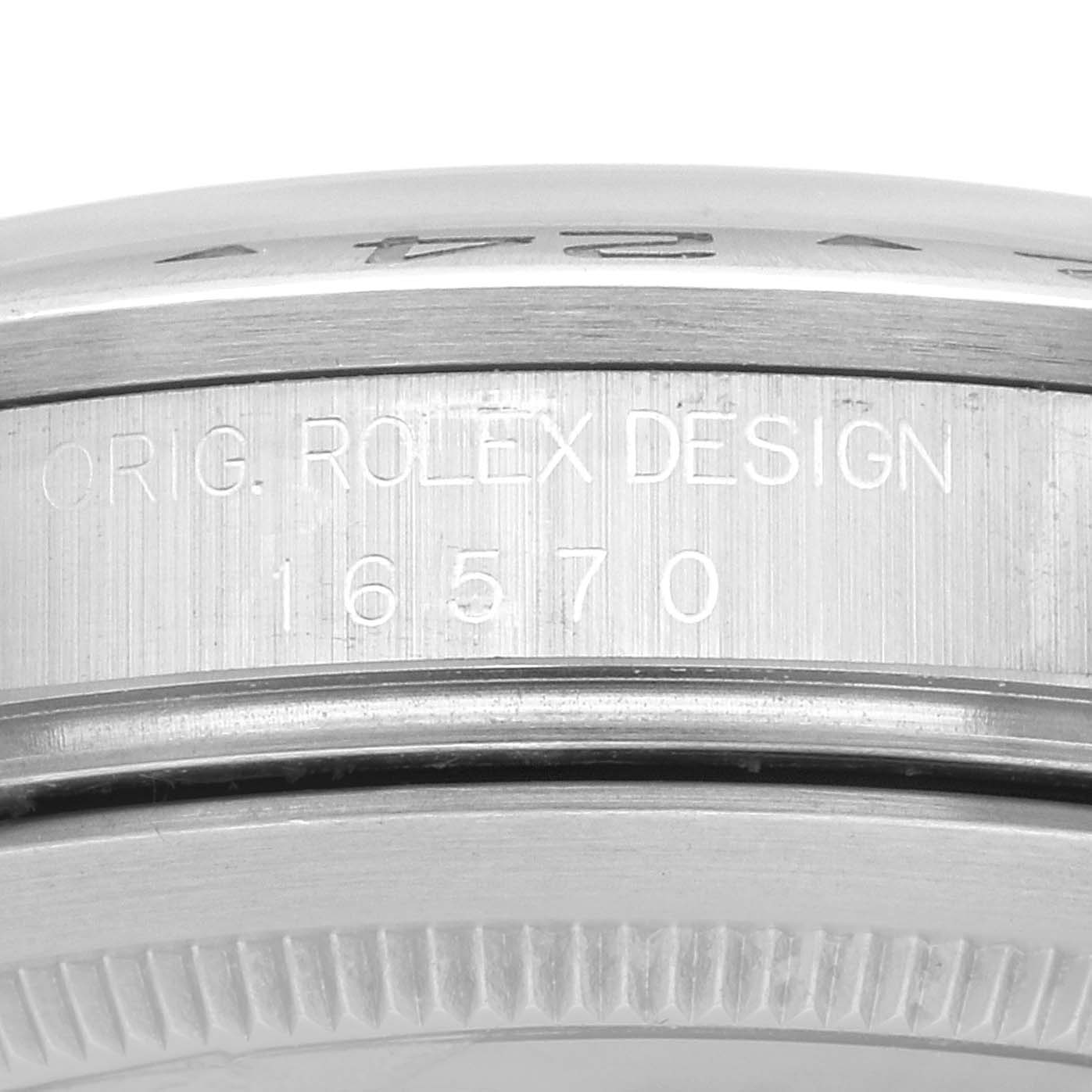 This is a close-up of the engraved case side of a Rolex Explorer 16570 Men
s Stainless Steel White Dial 16570 Men
s Stainless Steel White Dial model 16570.