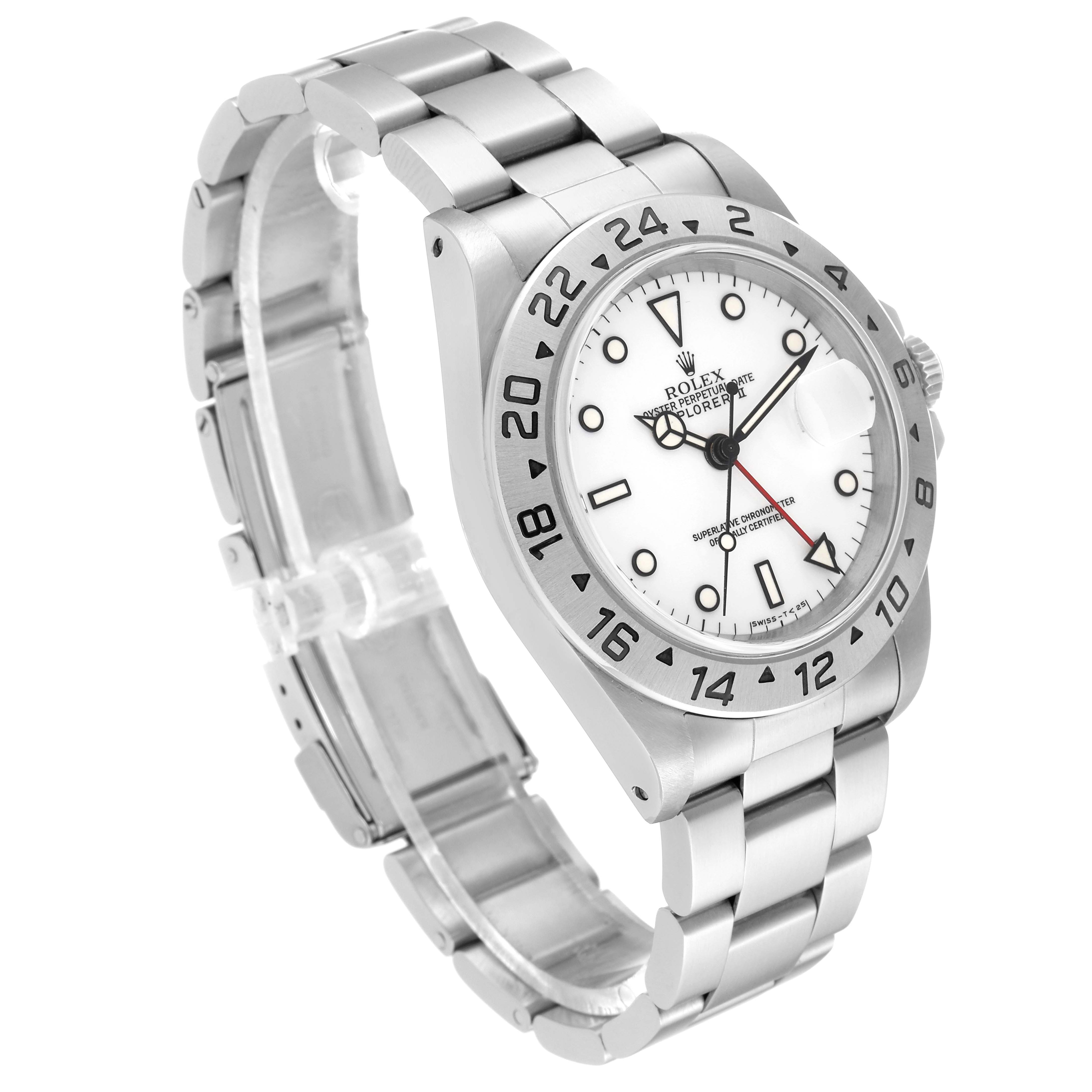 The Rolex Explorer 16570 Men
s Stainless Steel White Dial 16570 Men
s Stainless Steel White Dial watch is shown at a slight angle from the front-right, displaying its face, bezel, and bracelet.