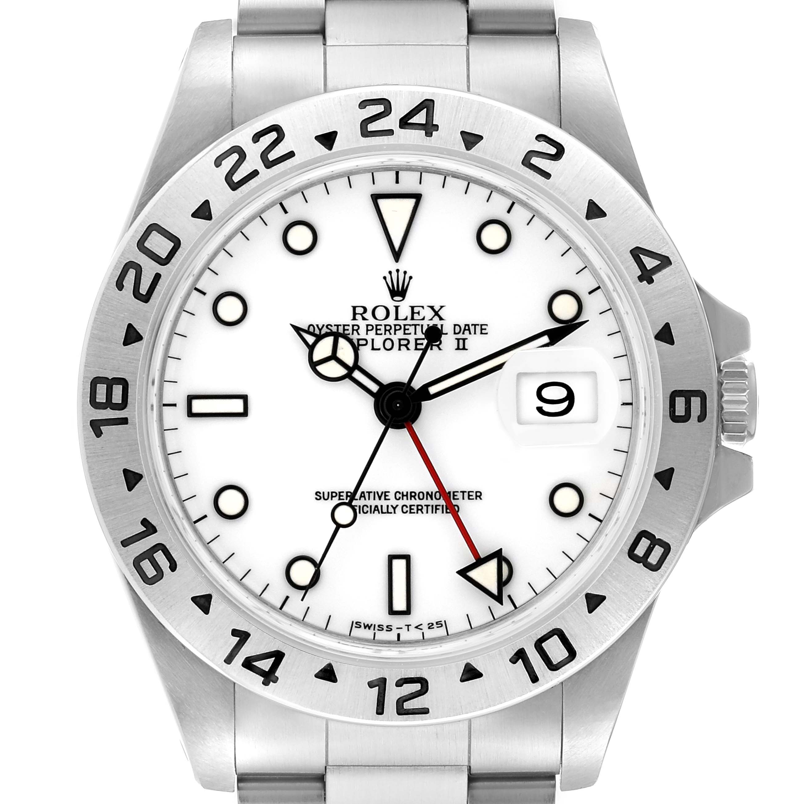 This image shows a frontal view of the Rolex Explorer 16570 Men
s Stainless Steel White Dial 16570 Men
s Stainless Steel White Dial watch, highlighting its white dial, date window, and stainless steel bezel.