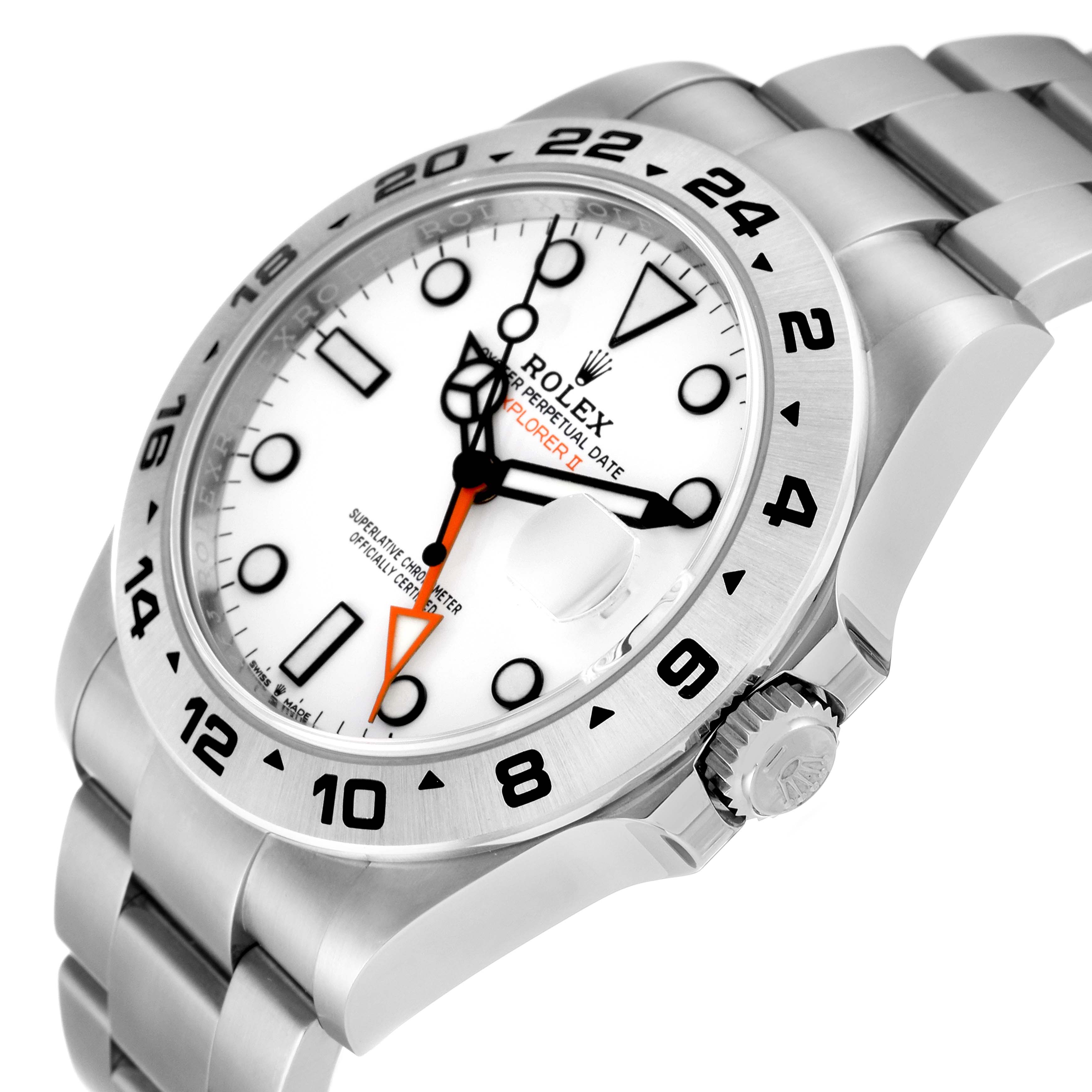 This image shows a close-up view of the Rolex Explorer 226570 Men
s Stainless Steel White Dial 226570 Men
s Stainless Steel White Dial watch, highlighting the dial, hands, and bezel.