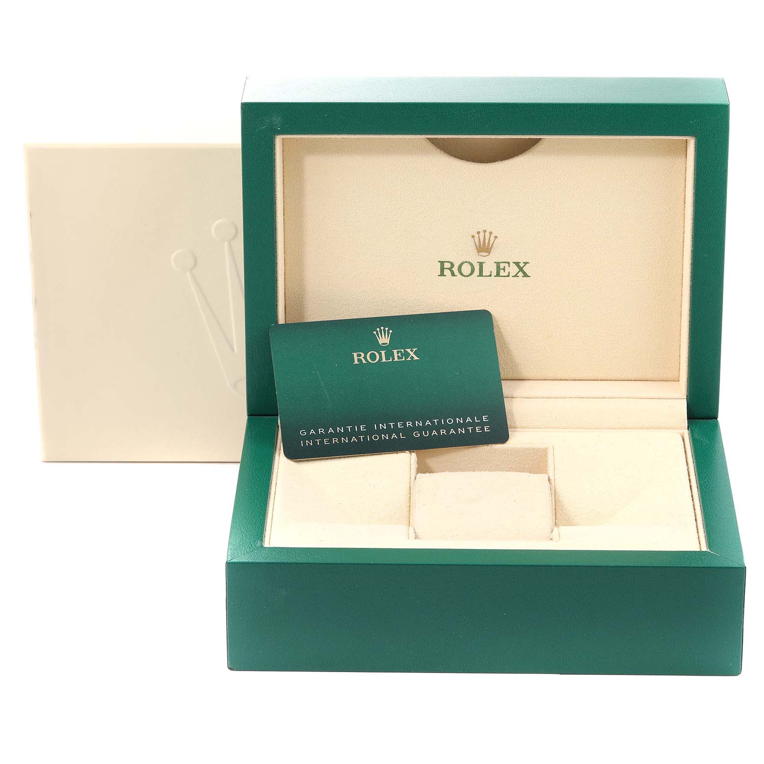 This image shows an open Rolex Explorer 226570 Men
s Stainless Steel White Dial 226570 Men
s Stainless Steel White Dial model watch box with a guarantee card inside.