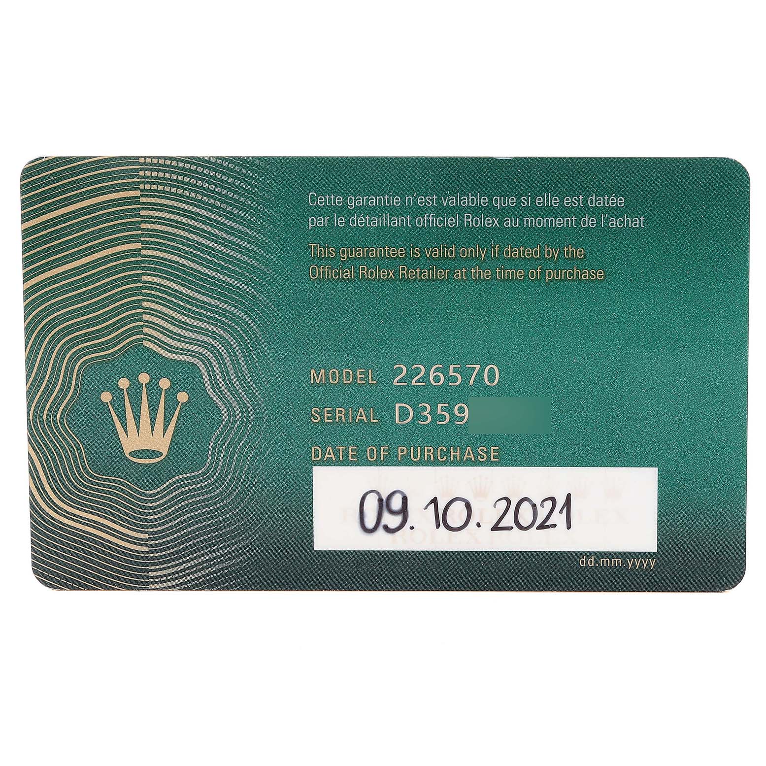 This image displays a warranty card for a Rolex Explorer 226570 Men
s Stainless Steel White Dial 226570 Men
s Stainless Steel White Dial model 226570, with a purchase date of October 9, 2021.