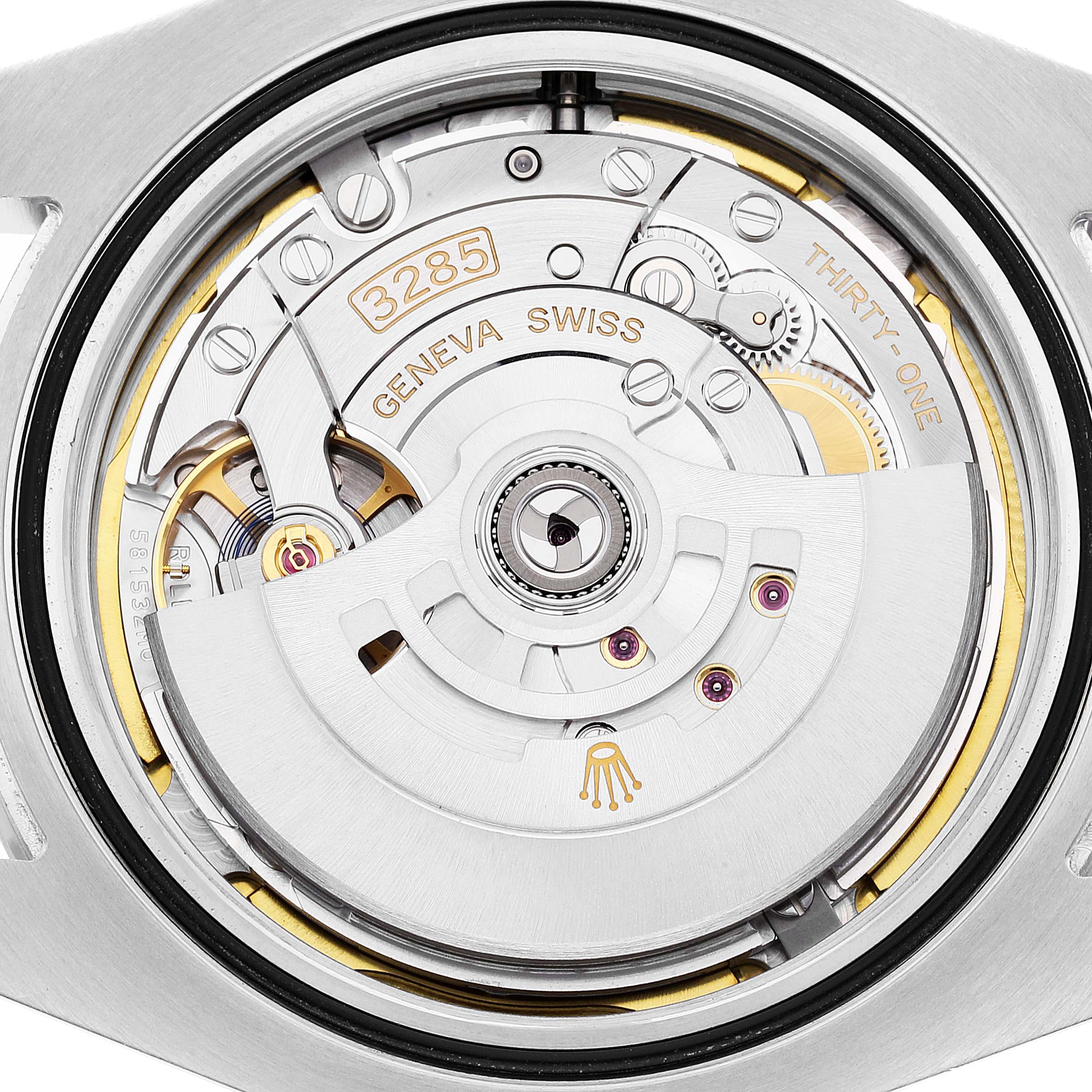 The image shows the close-up view of the movement mechanism inside a Rolex Explorer 226570 Men
s Stainless Steel White Dial 226570 Men
s Stainless Steel White Dial watch.