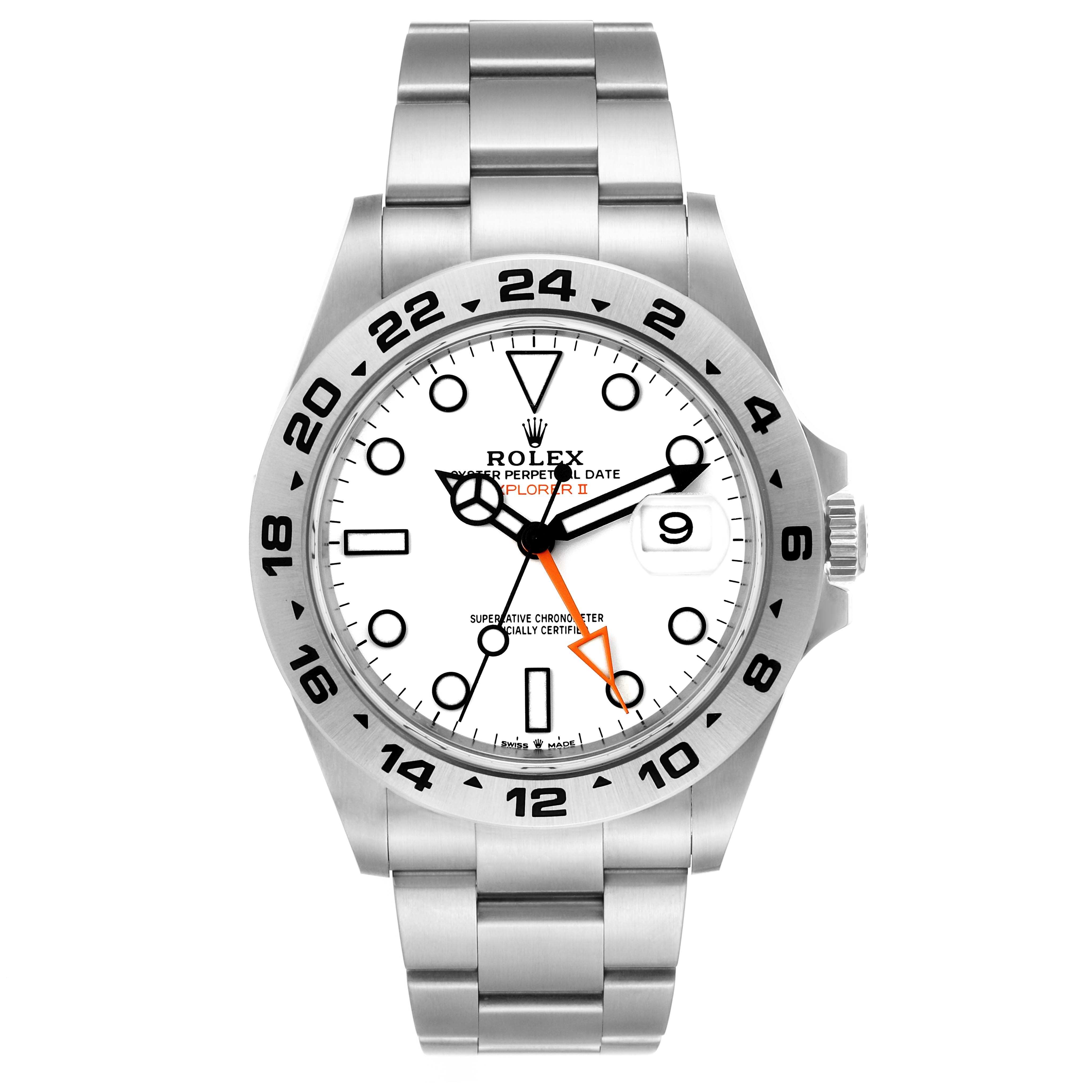 The Rolex Explorer 226570 Men
s Stainless Steel White Dial 226570 Men
s Stainless Steel White Dial watch is shown from a top-down angle, displaying the dial, bezel, hands, bracelet, and crown.