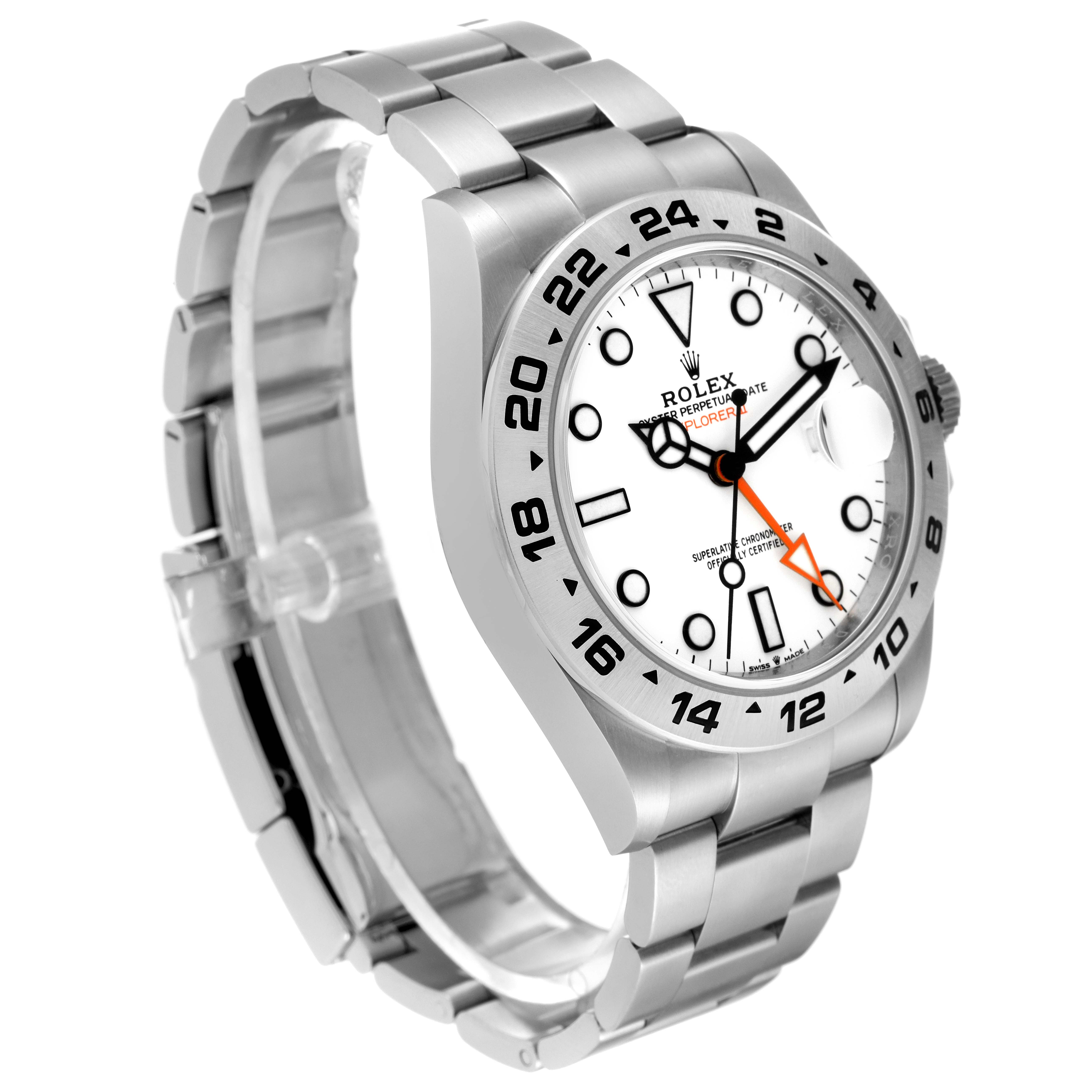 The image shows a Rolex Explorer 226570 Men
s Stainless Steel White Dial 226570 Men
s Stainless Steel White Dial watch at an angle highlighting its face, bezel, crown, and stainless steel bracelet.