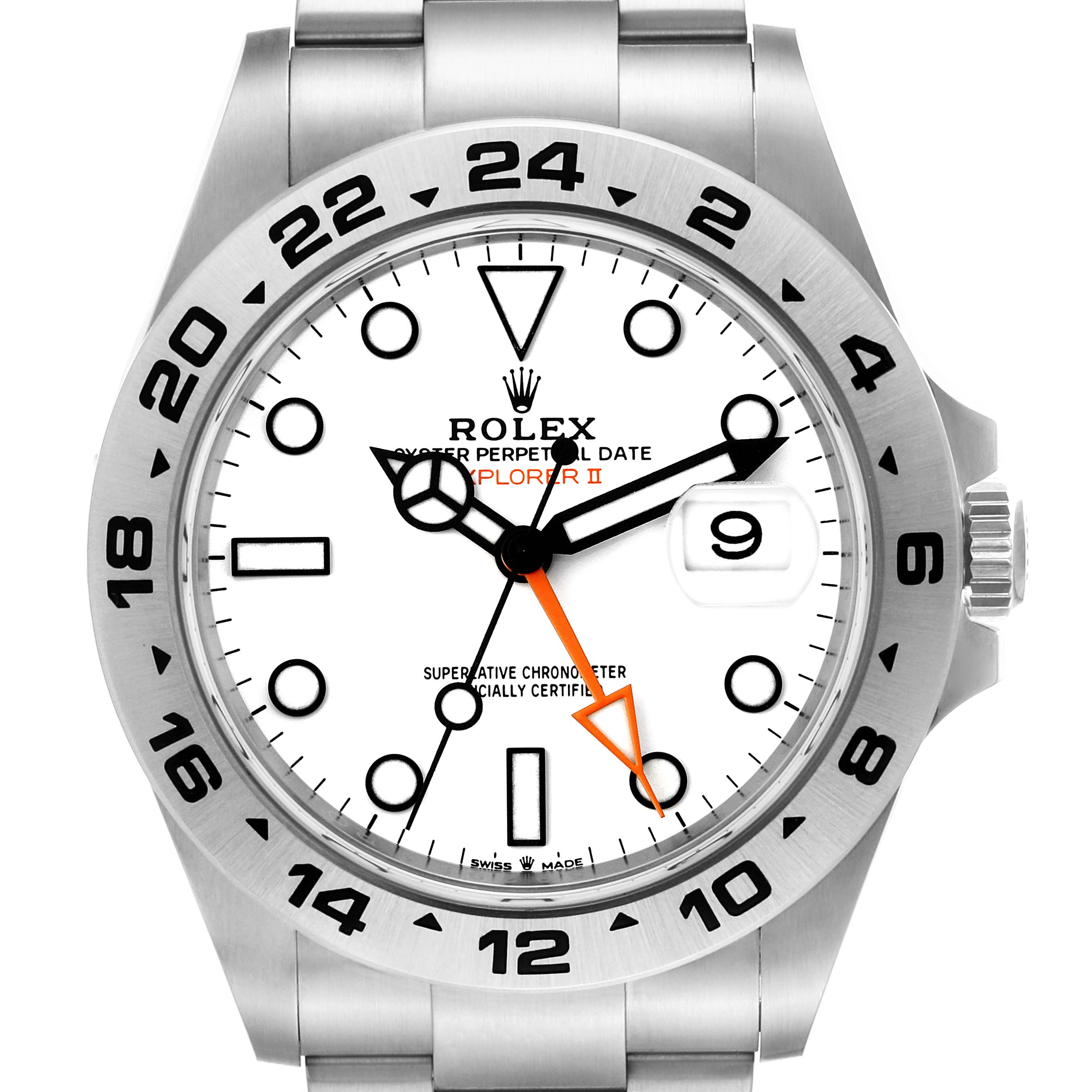 The image shows a front view of a Rolex Explorer 226570 Men
s Stainless Steel White Dial 226570 Men
s Stainless Steel White Dial watch, highlighting its white dial, black numerals, and orange 24-hour hand.