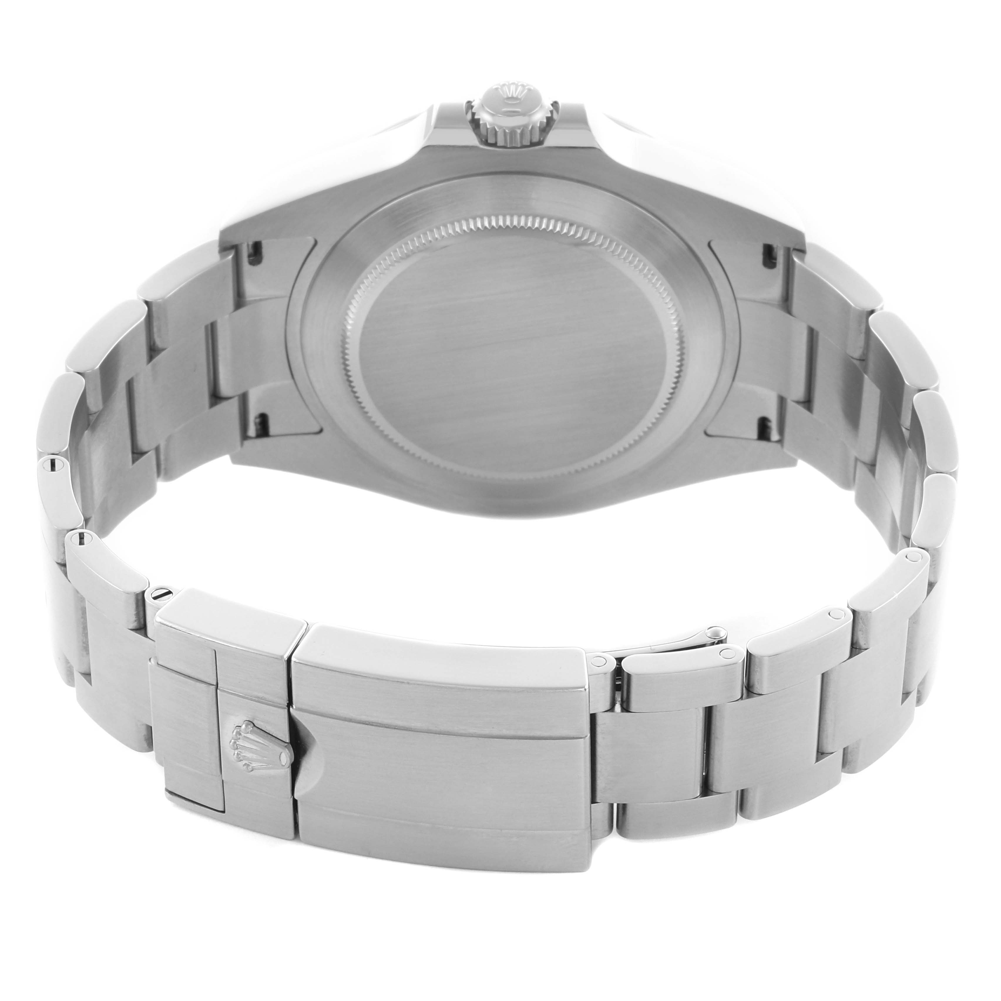 The Rolex Explorer 226570 Men's Stainless Steel White Dial 226570 Men's Stainless Steel White Dial watch is shown from the back, highlighting the case back, clasp, and bracelet.