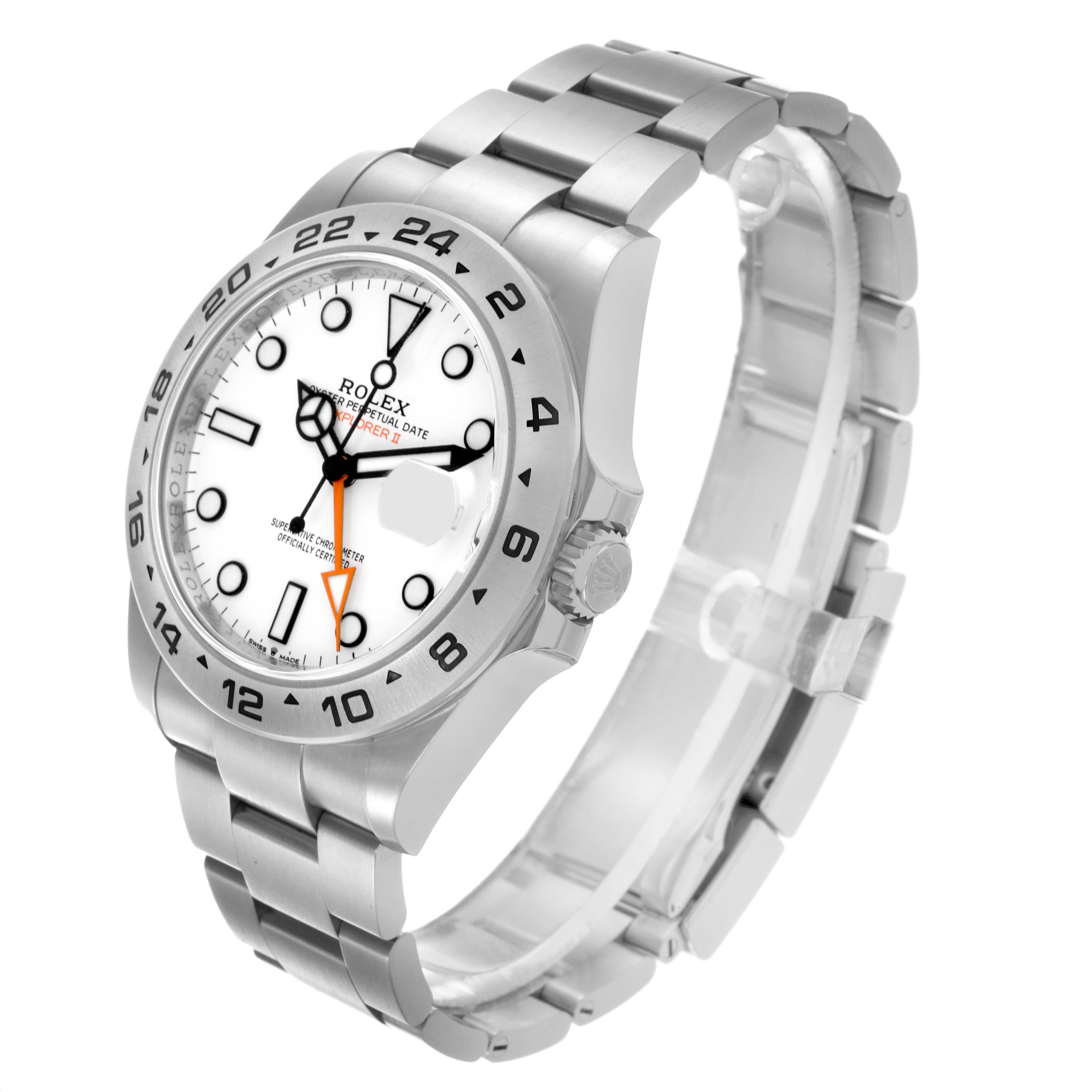 The Rolex Explorer 226570 Men's Stainless Steel White Dial 226570 Men's Stainless Steel White Dial watch is shown at a three-quarter angle, displaying the face, bezel, crown, and part of the bracelet.