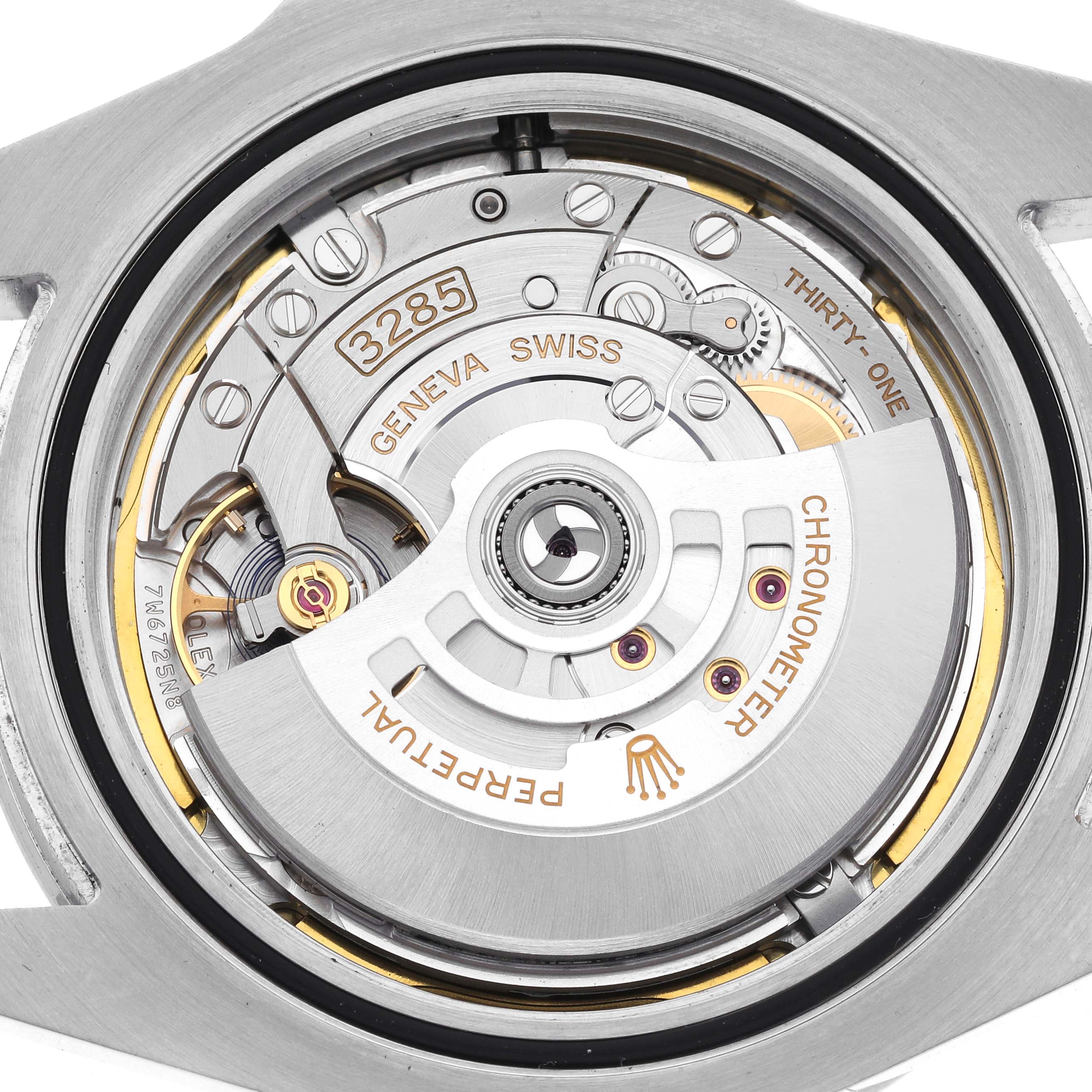 The image shows the back view of a Rolex Explorer 226570 Men's Stainless Steel White Dial 226570 Men's Stainless Steel White Dial's movement, highlighting the intricate internal mechanics.