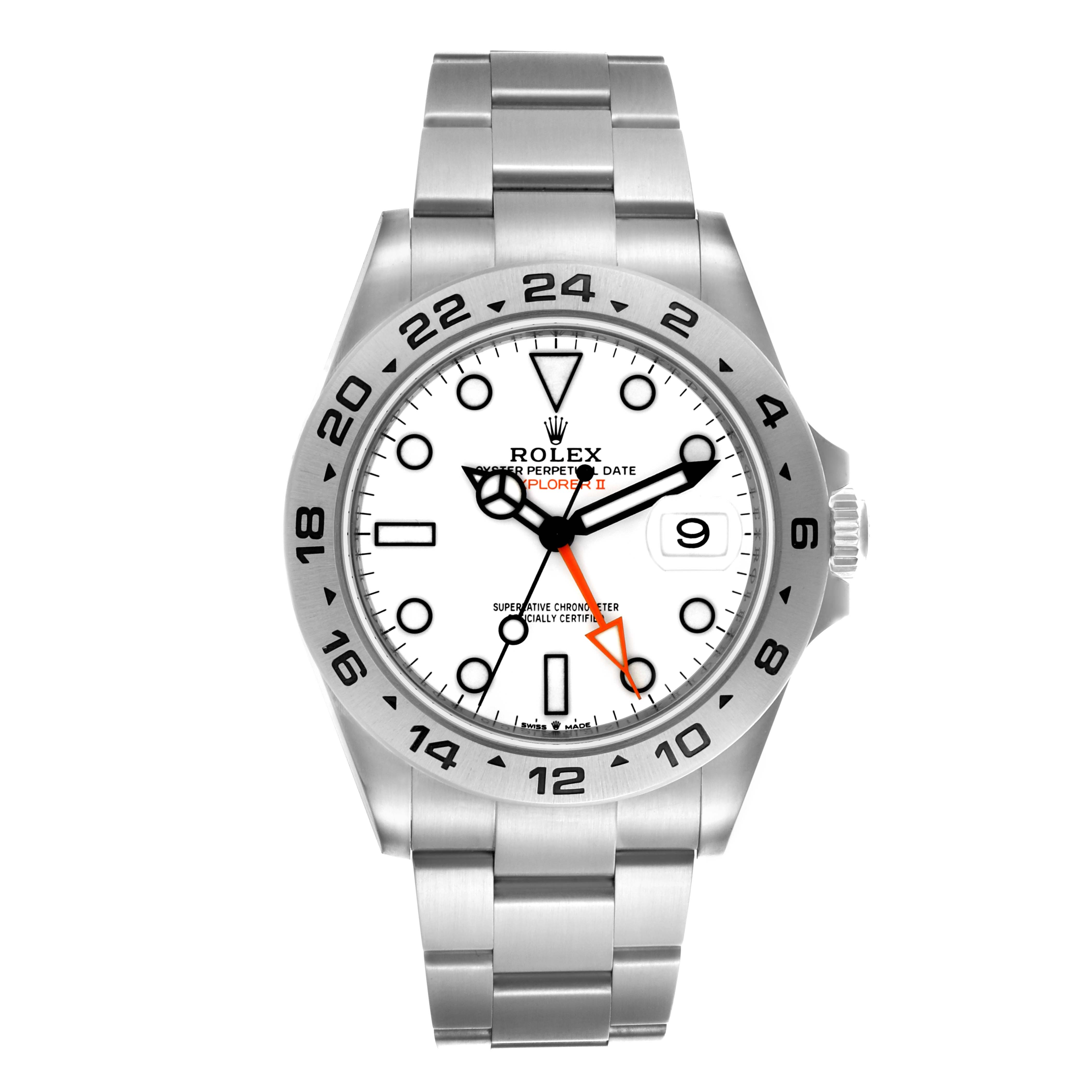 The Rolex Explorer 226570 Men's Stainless Steel White Dial 226570 Men's Stainless Steel White Dial model is shown from a top view, displaying the full dial, bezel, and bracelet.