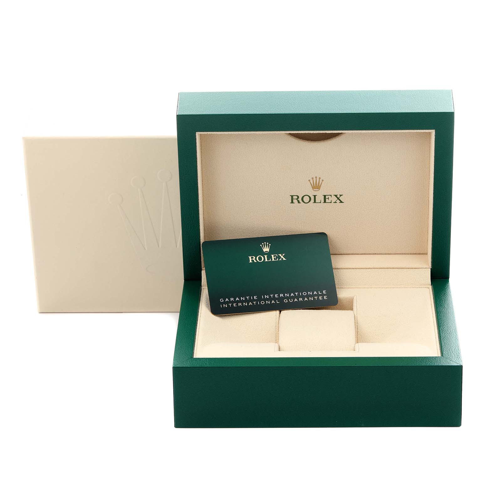 The image shows an open box for the Rolex Explorer 226570 Men's Stainless Steel White Dial 226570 Men's Stainless Steel White Dial, featuring the brand guarantee card and placeholders for the watch.