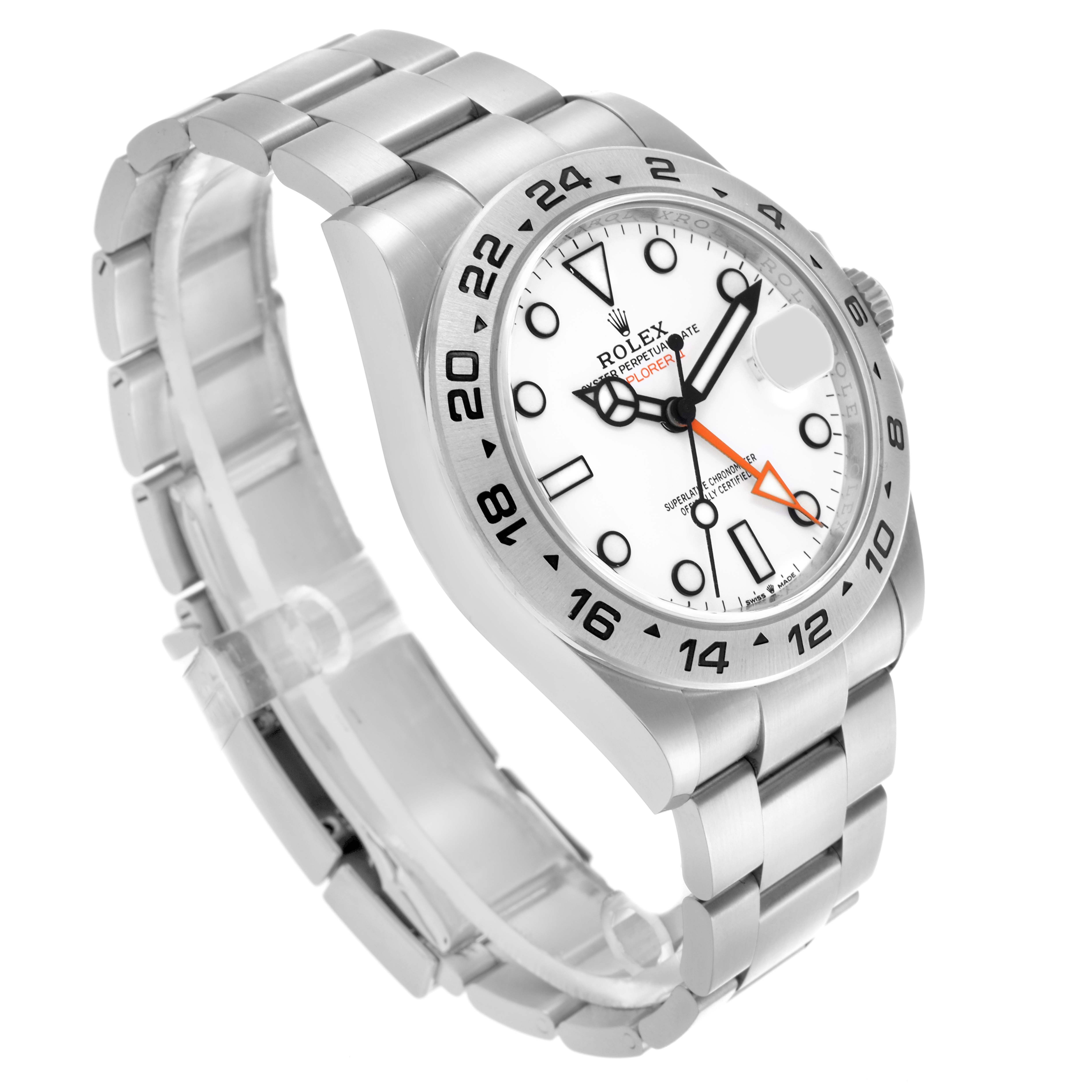 The Rolex Explorer 226570 Men's Stainless Steel White Dial 226570 Men's Stainless Steel White Dial watch is shown at a three-quarter angle, displaying the face, bezel, bracelet, and side with the crown.