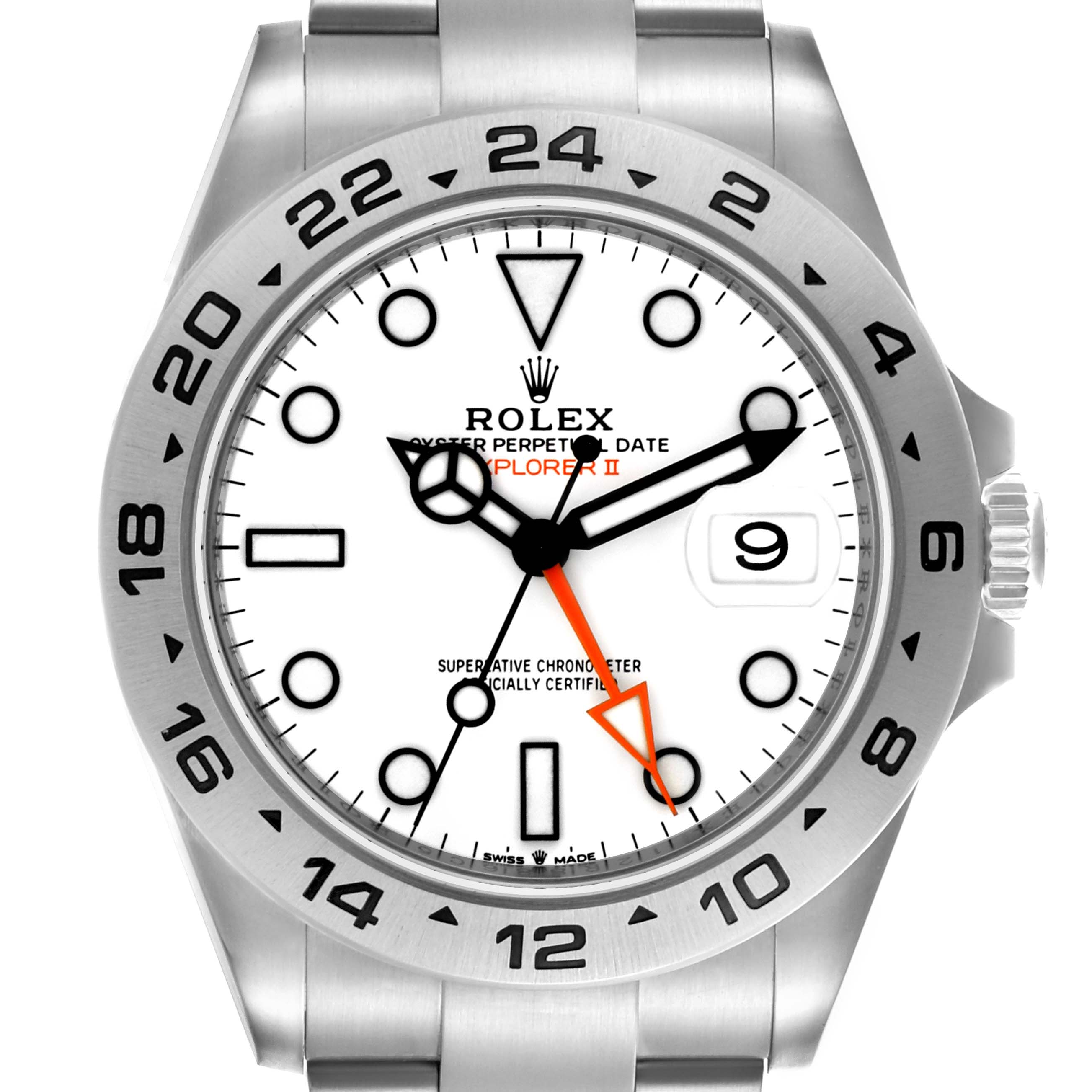 The Rolex Explorer 226570 Men's Stainless Steel White Dial 226570 Men's Stainless Steel White Dial model watch is shown from a front angle, displaying the face, bezel, crown, and part of the bracelet.