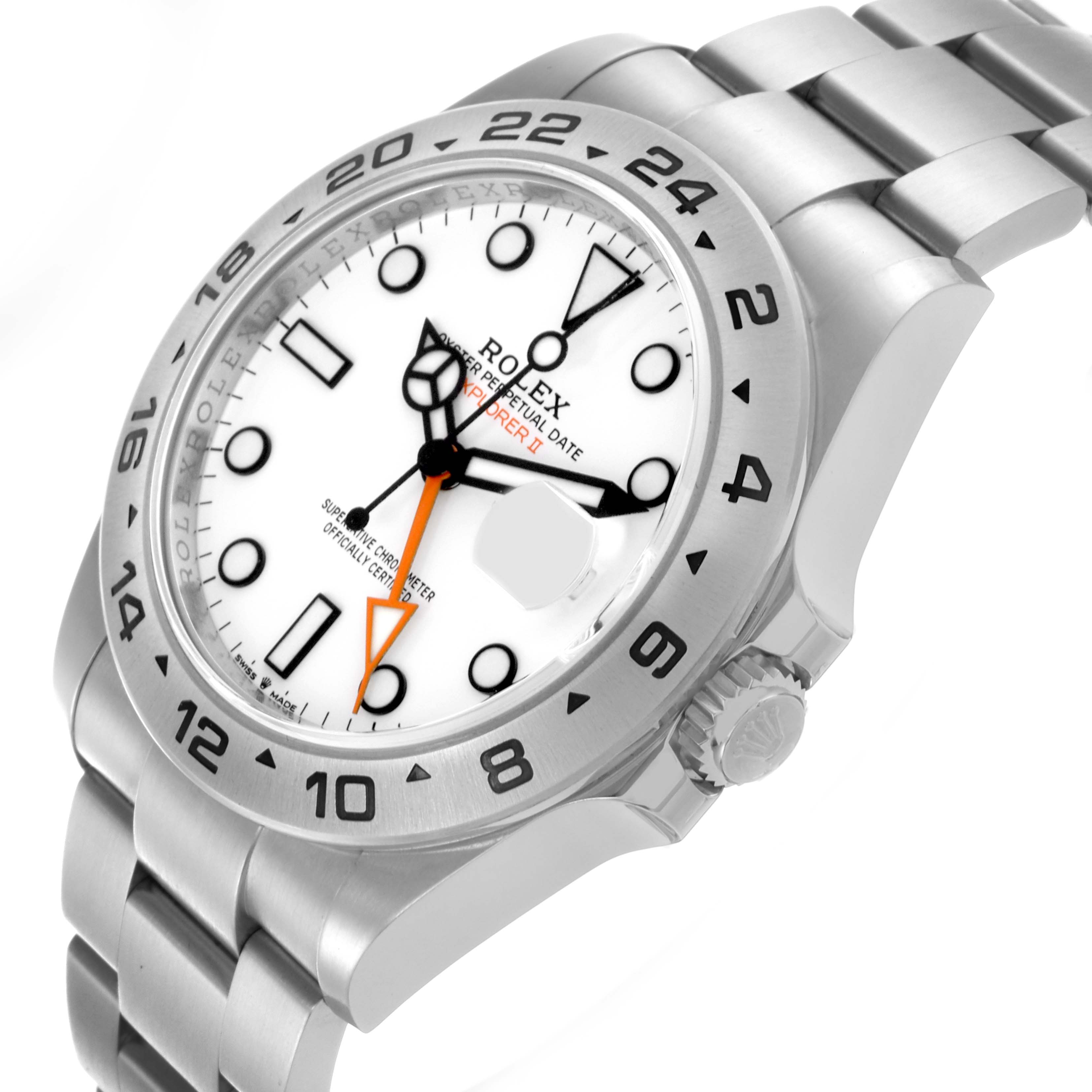 The Rolex Explorer 226570 Men's Stainless Steel White Dial 226570 Men's Stainless Steel White Dial watch is shown at a slight angle, displaying the face, bezel, crown, and part of the bracelet.
