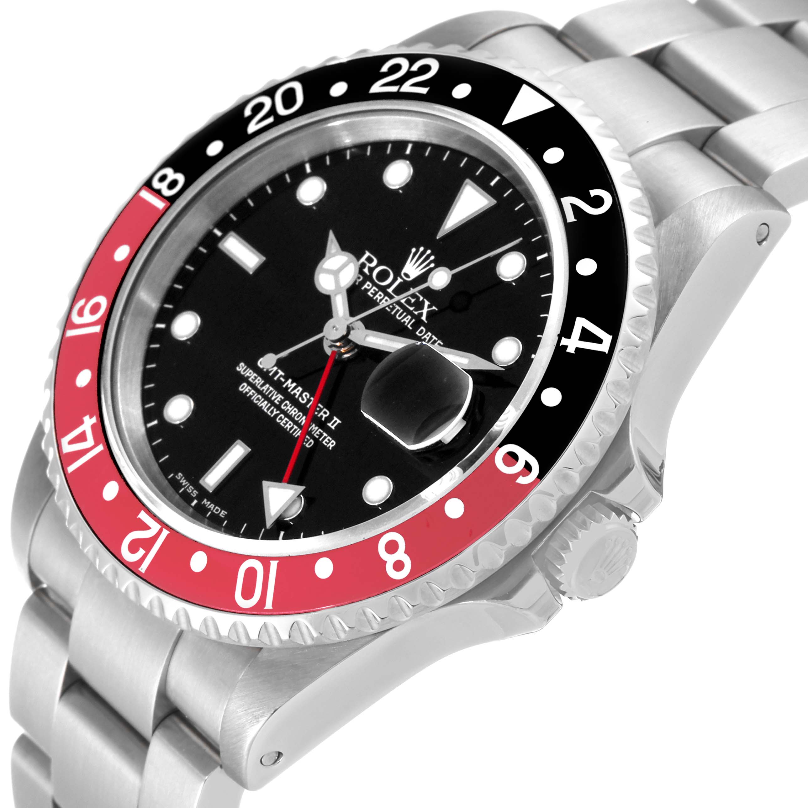 The image shows a close-up angle of the dial, bezel, and part of the bracelet of a Rolex GMT-Master 16710 Men's Stainless Steel Black Dial 16710 Men's Stainless Steel Black Dial II watch.