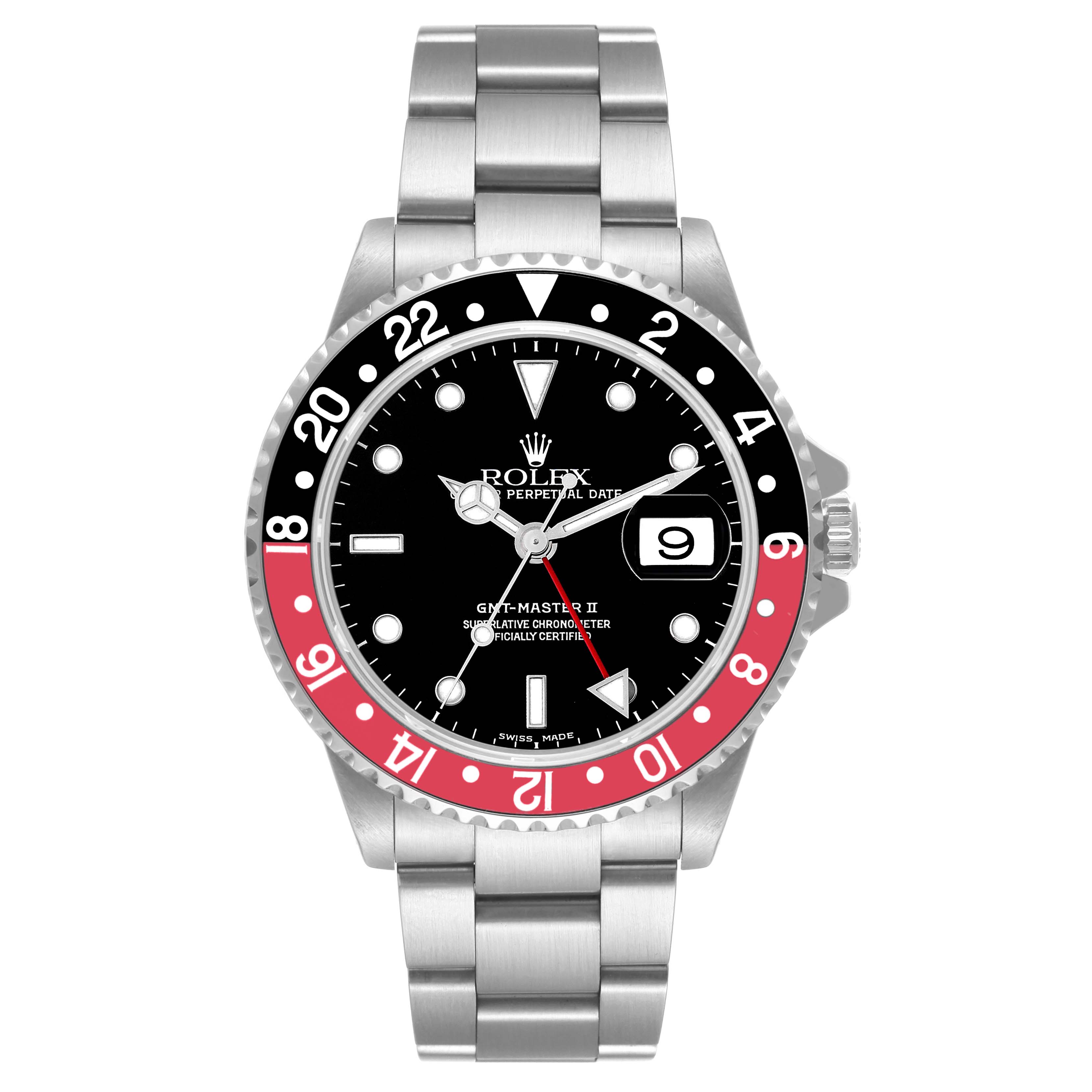 The image shows a frontal view of the Rolex GMT-Master 16710 Men's Stainless Steel Black Dial 16710 Men's Stainless Steel Black Dial II watch with a black and red bezel and a metal band.