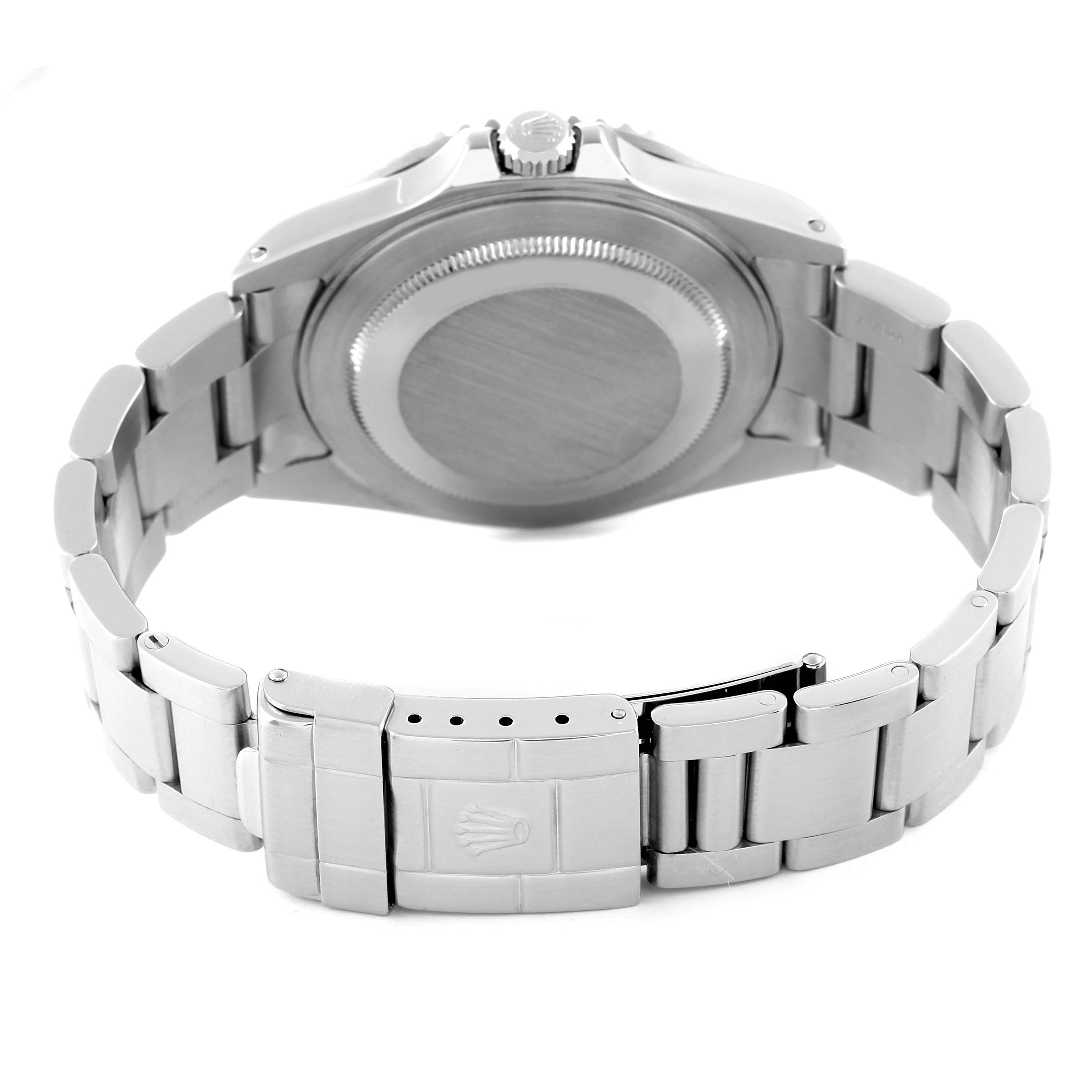 This image shows the back view of the Rolex GMT-Master 16710 Men's Stainless Steel Black Dial 16710 Men's Stainless Steel Black Dial watch, highlighting the clasp and bracelet.