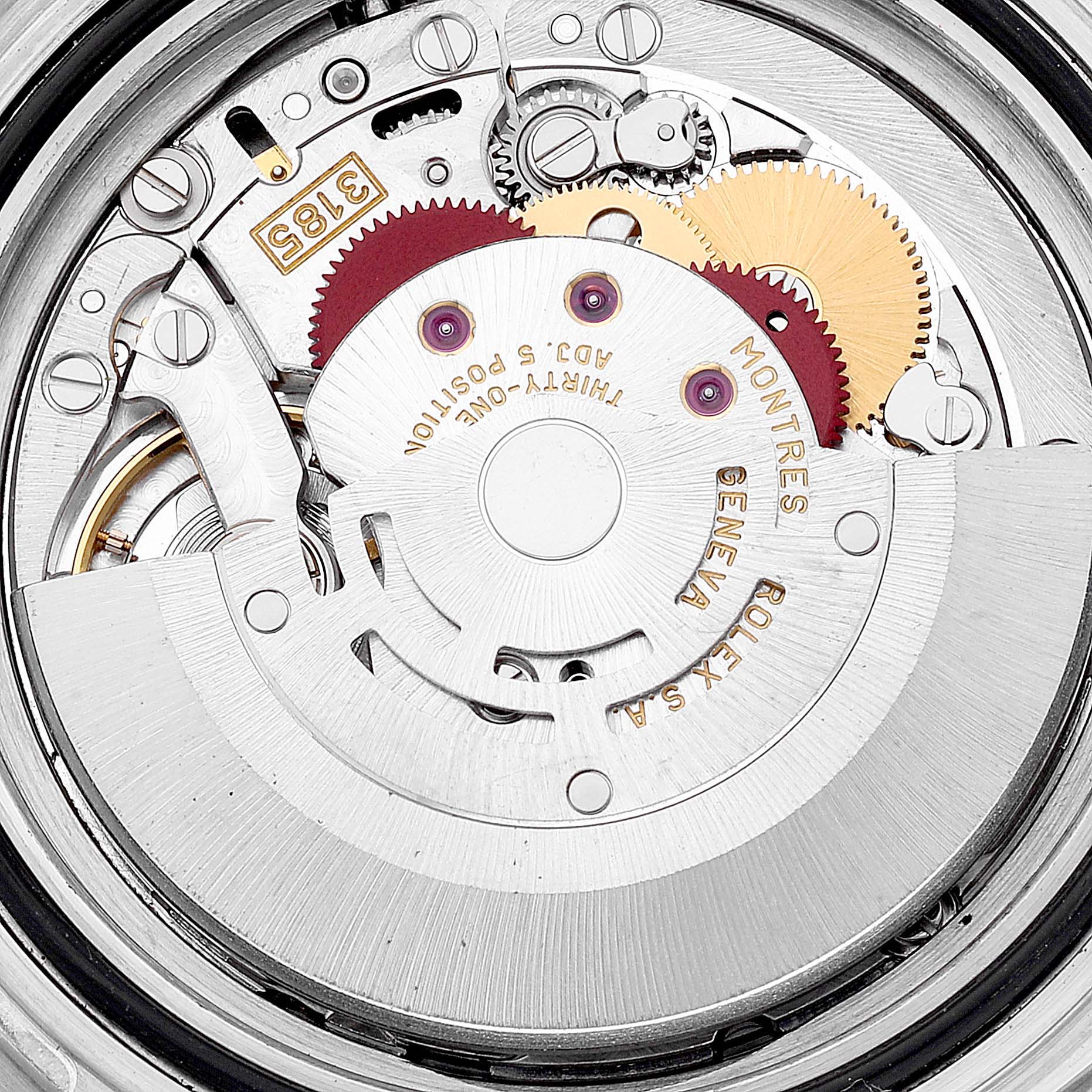 This close-up image shows the intricate internal mechanism of a Rolex GMT-Master 16710 Men's Stainless Steel Black Dial 16710 Men's Stainless Steel Black Dial watch.