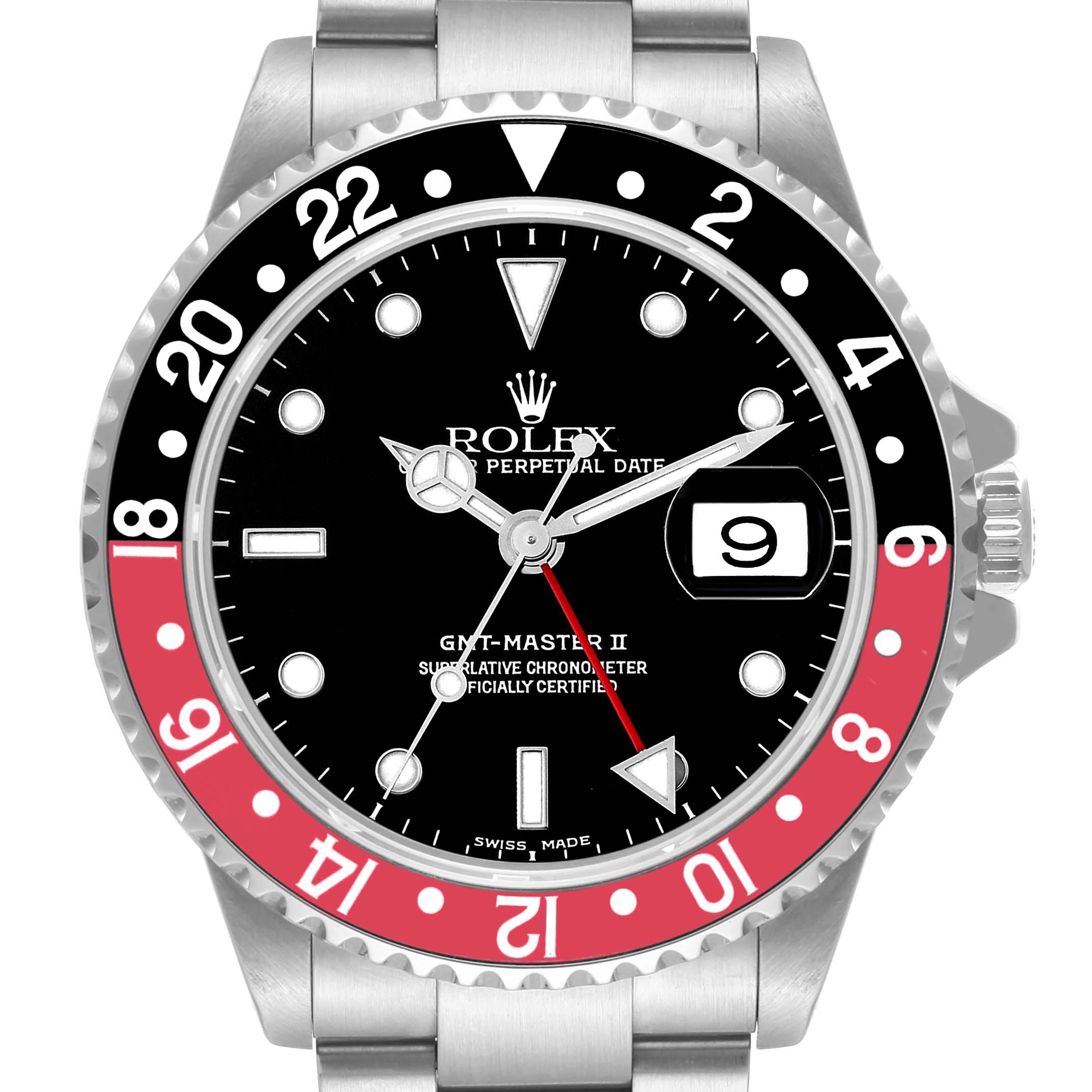 The image shows a front view of a Rolex GMT-Master 16710 Men's Stainless Steel Black Dial 16710 Men's Stainless Steel Black Dial II watch, highlighting the dial, bezel, and bracelet.