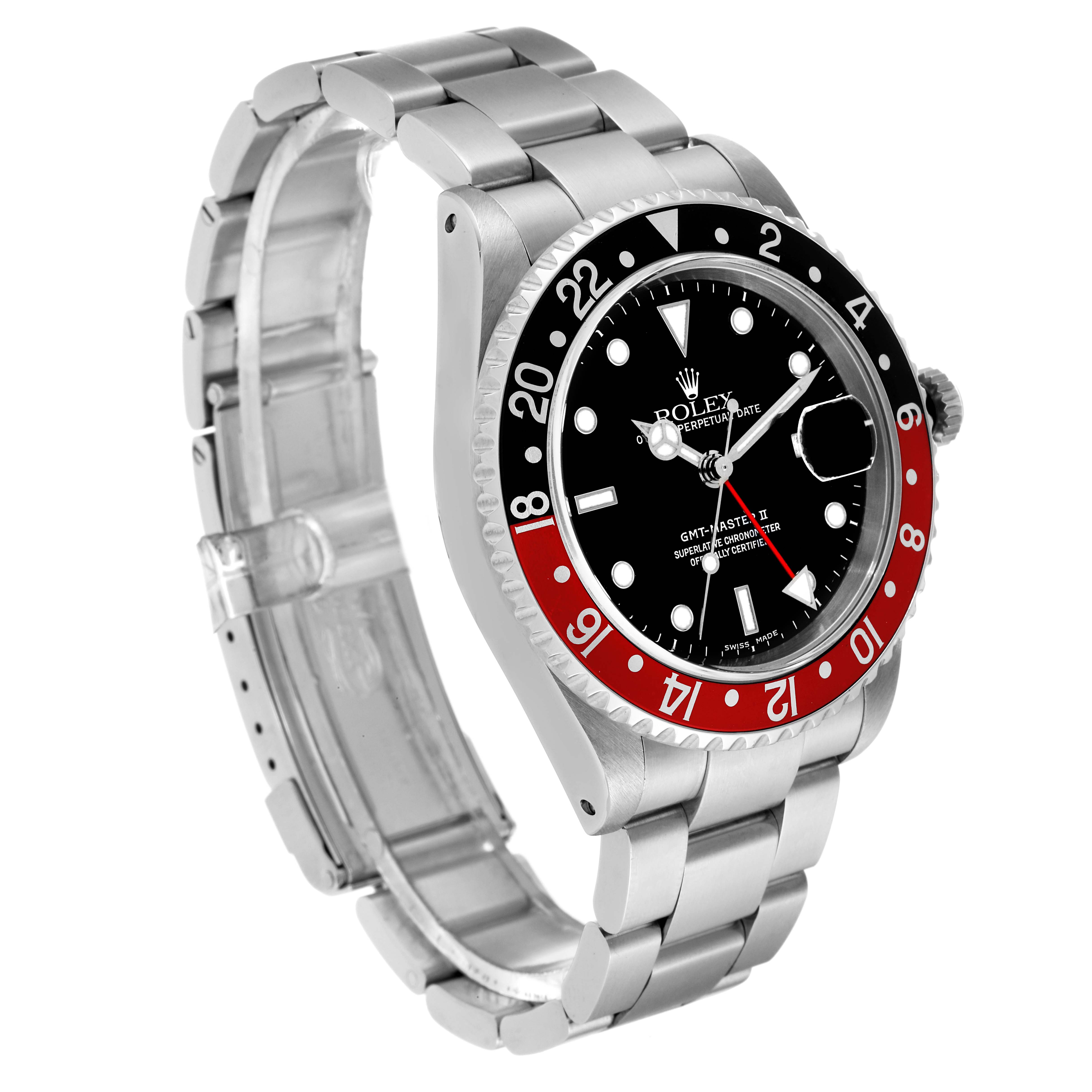 The Rolex GMT-Master 16710 Men's Stainless Steel Black Dial 16710 Men's Stainless Steel Black Dial watch is shown at a three-quarter angle, highlighting the face, bezel, band, and crown.