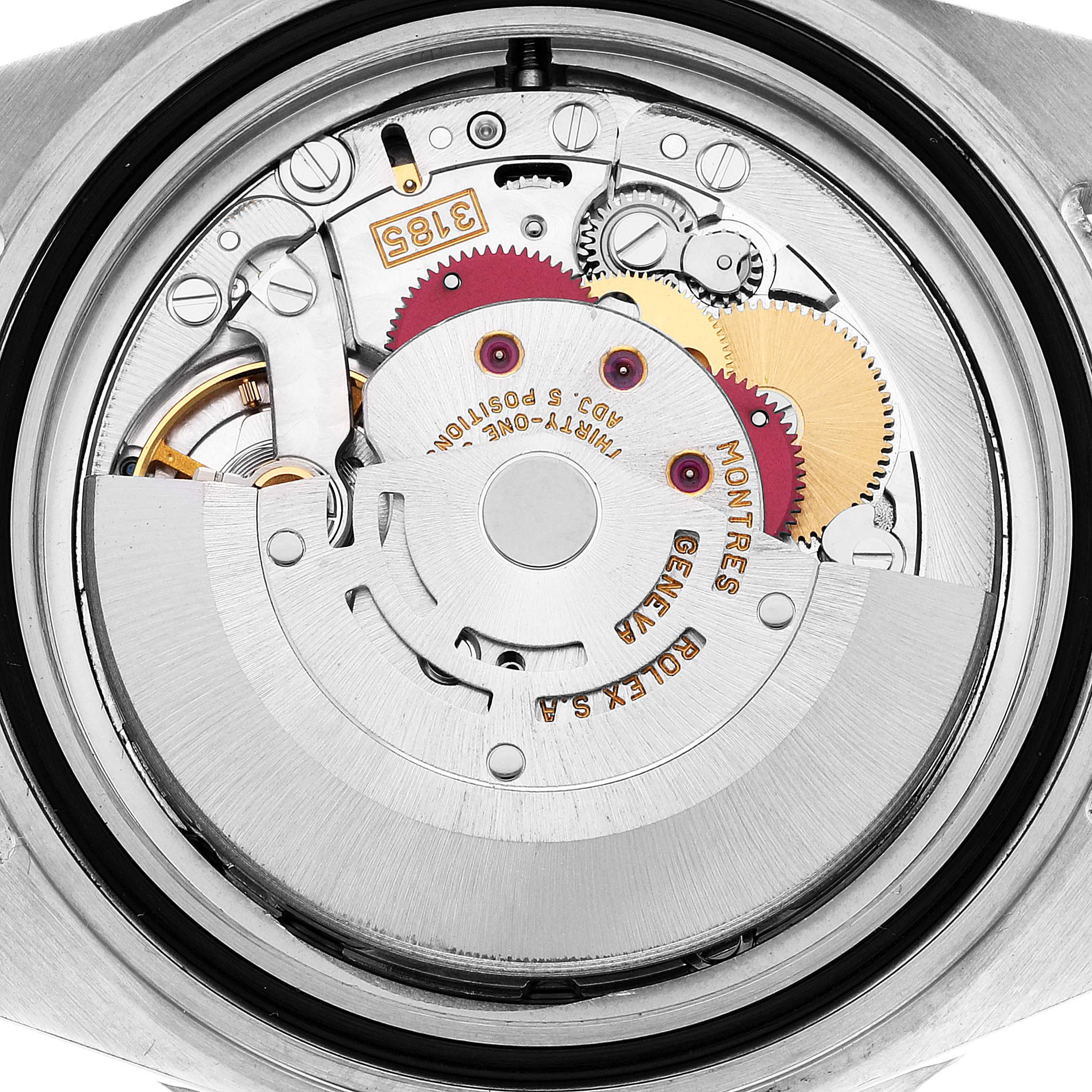 The image shows the inner mechanical movement of a Rolex GMT-Master 16710 Men's Stainless Steel Black Dial 16710 Men's Stainless Steel Black Dial watch viewed from the case back, highlighting gears and the rotor.