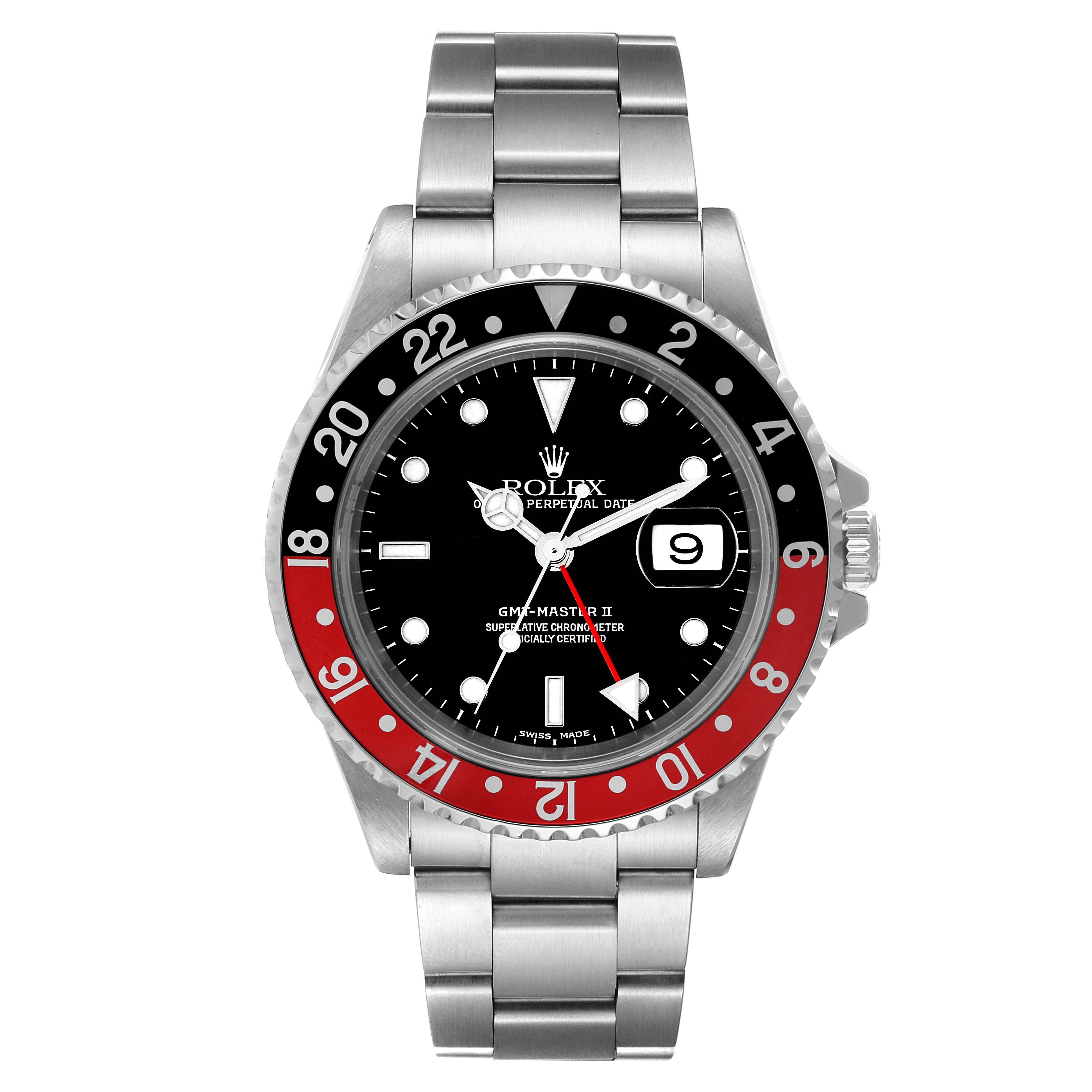 This image shows a Rolex GMT-Master 16710 Men's Stainless Steel Black Dial 16710 Men's Stainless Steel Black Dial II watch from a front angle, highlighting its bezel, dial, bracelet, and date window.